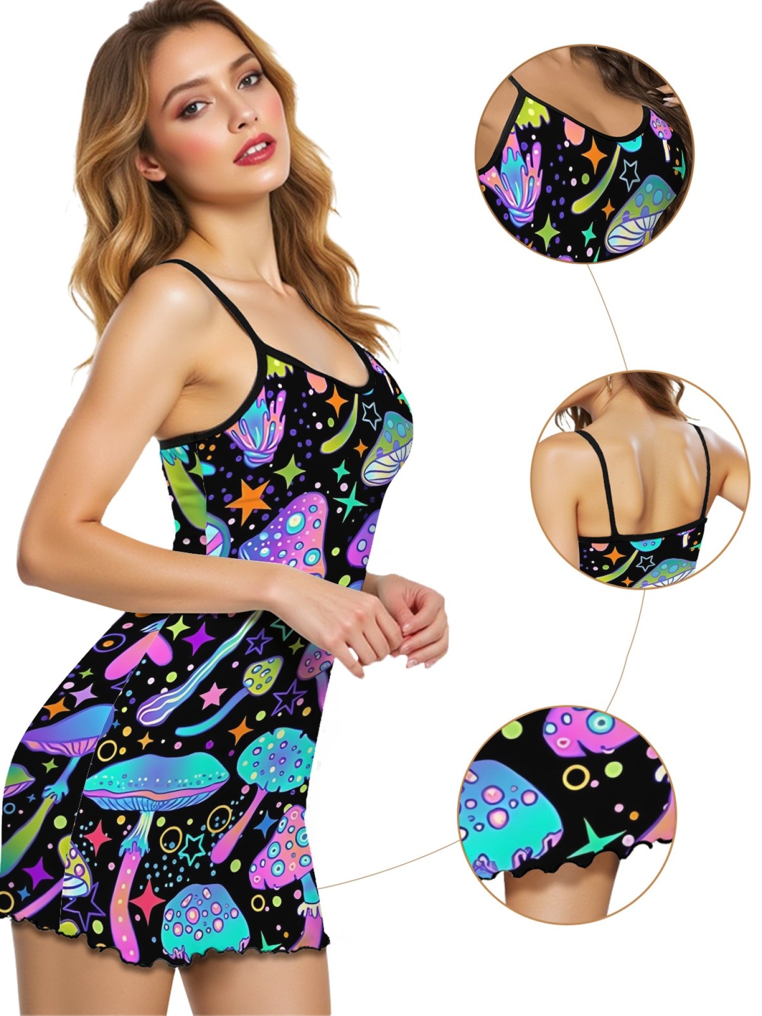 Women's Dreamy Mushroom Print Bodycon Nightdress, Sexy Round Neck Spaghetti Strap Homewear, Sweet Loose Casual Summer Sleepwear