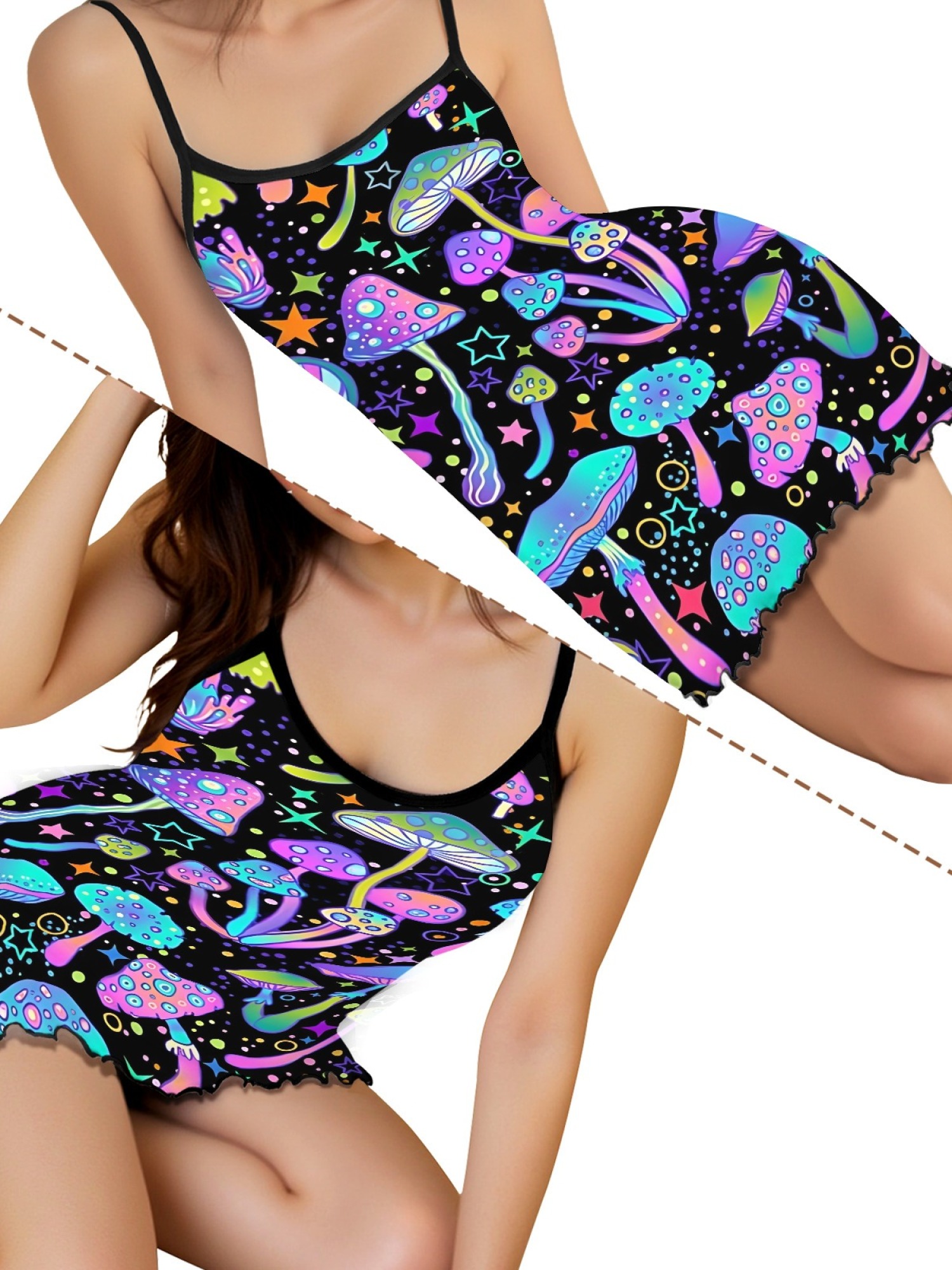 Women's Dreamy Mushroom Print Bodycon Nightdress, Sexy Round Neck Spaghetti Strap Homewear, Sweet Loose Casual Summer Sleepwear