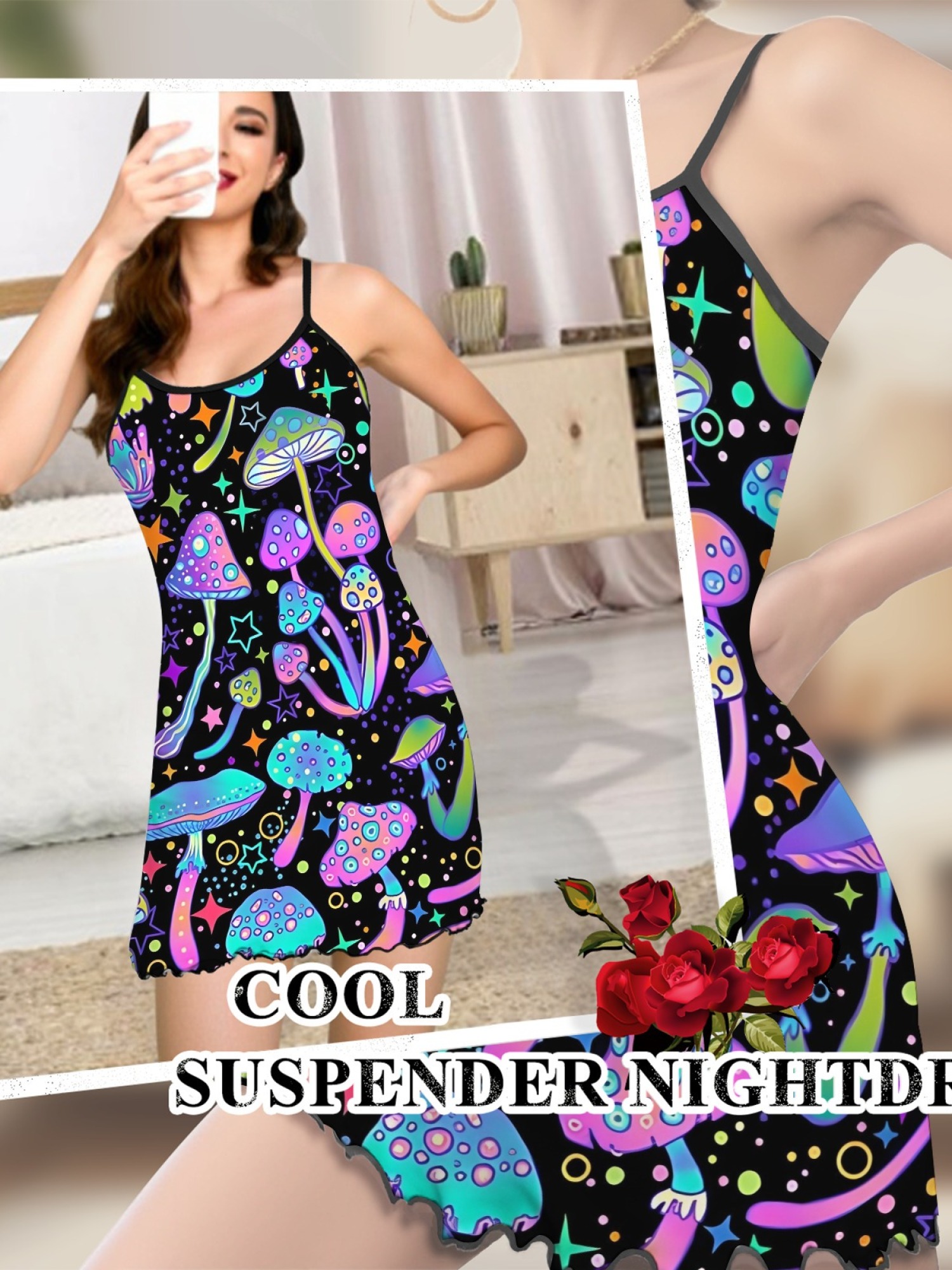 Women's Dreamy Mushroom Print Bodycon Nightdress, Sexy Round Neck Spaghetti Strap Homewear, Sweet Loose Casual Summer Sleepwear