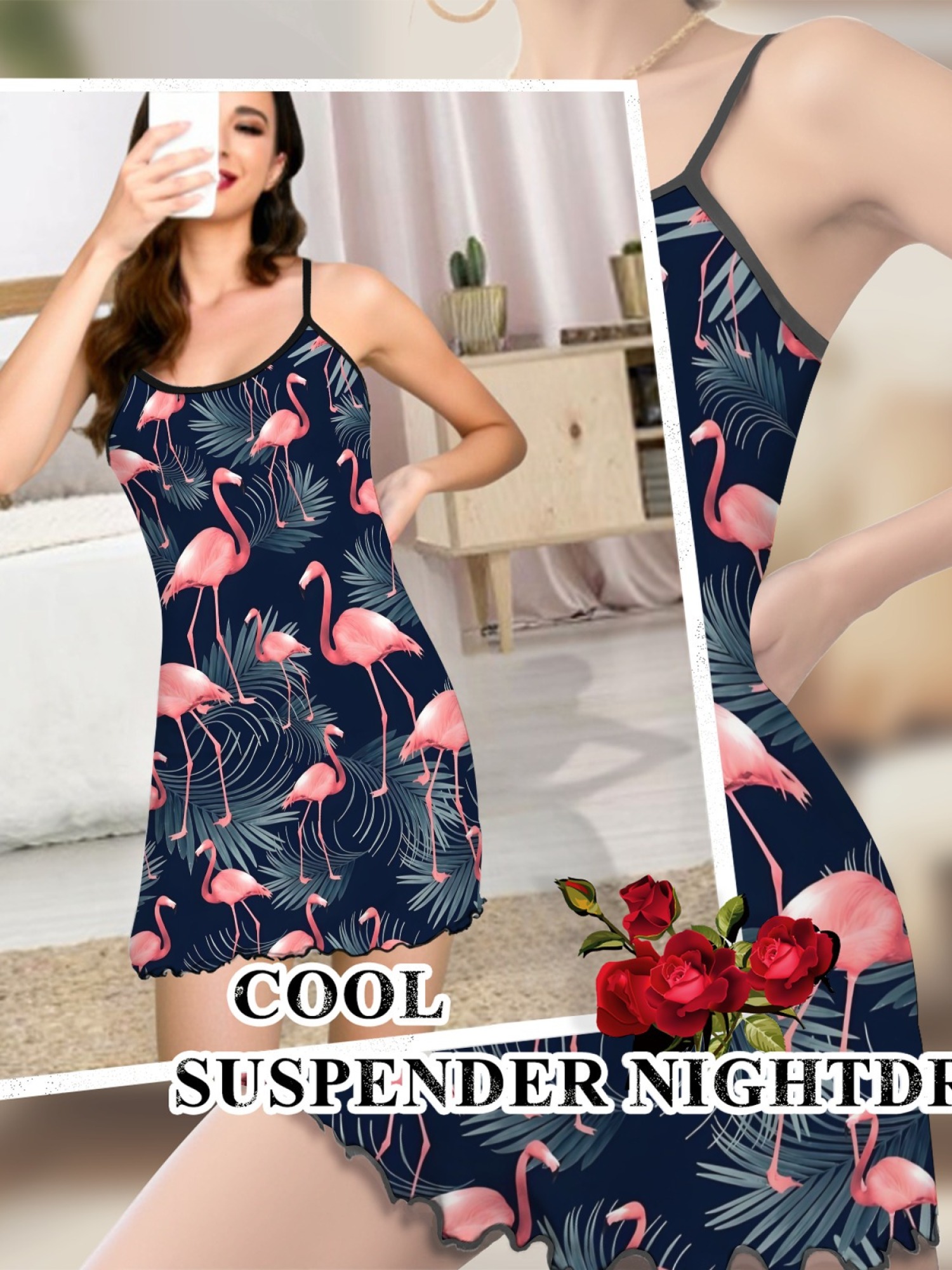 Women's Tropical Flamingo Print Cami Robe, Comfortable and Breathable Sleepwear, Fashionable Summer Dress for Home, Soft and Cute Nightgown