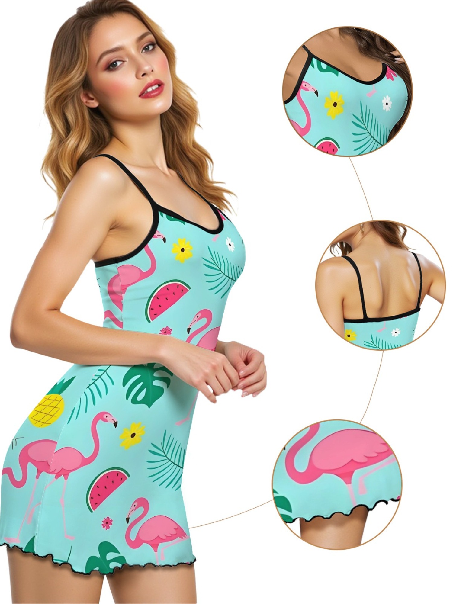 Women's Tropical Flamingo Print Cami Robe, Comfortable and Breathable Sleepwear, Fashionable Summer Dress for Home, Soft and Cute Nightgown