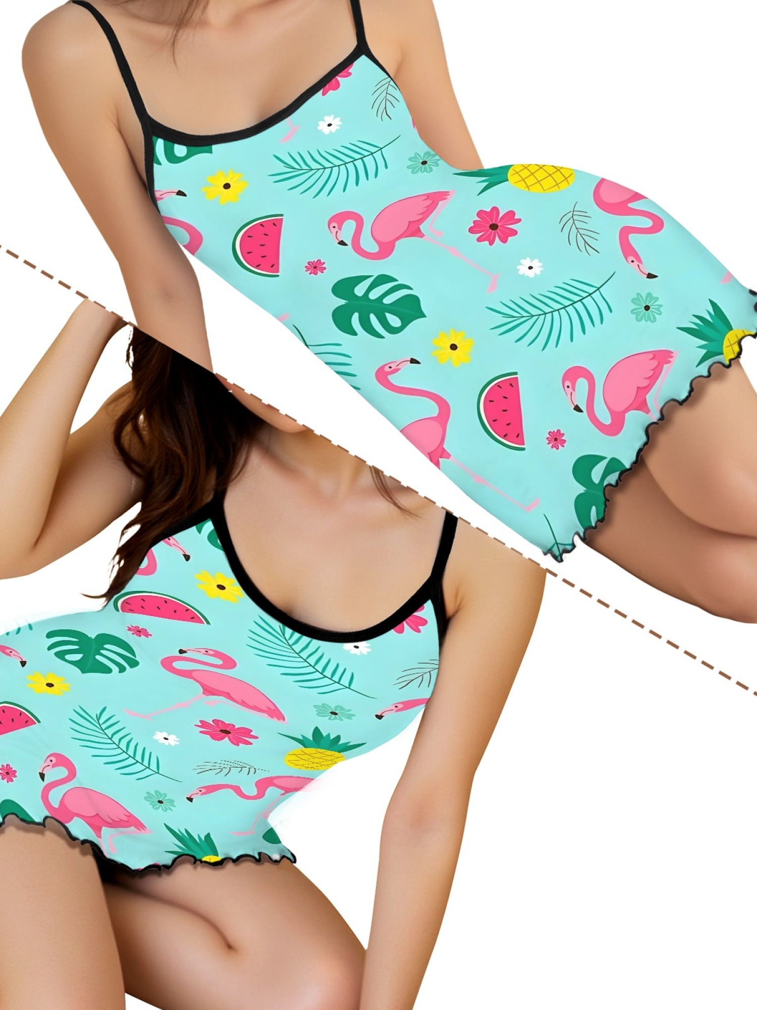 Women's Tropical Flamingo Print Cami Robe, Comfortable and Breathable Sleepwear, Fashionable Summer Dress for Home, Soft and Cute Nightgown