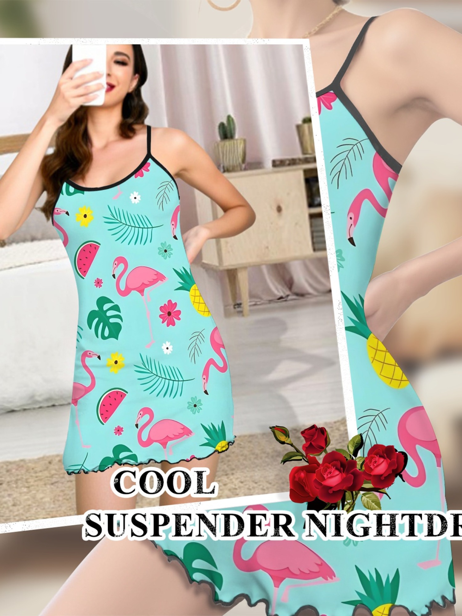 Women's Tropical Flamingo Print Cami Robe, Comfortable and Breathable Sleepwear, Fashionable Summer Dress for Home, Soft and Cute Nightgown