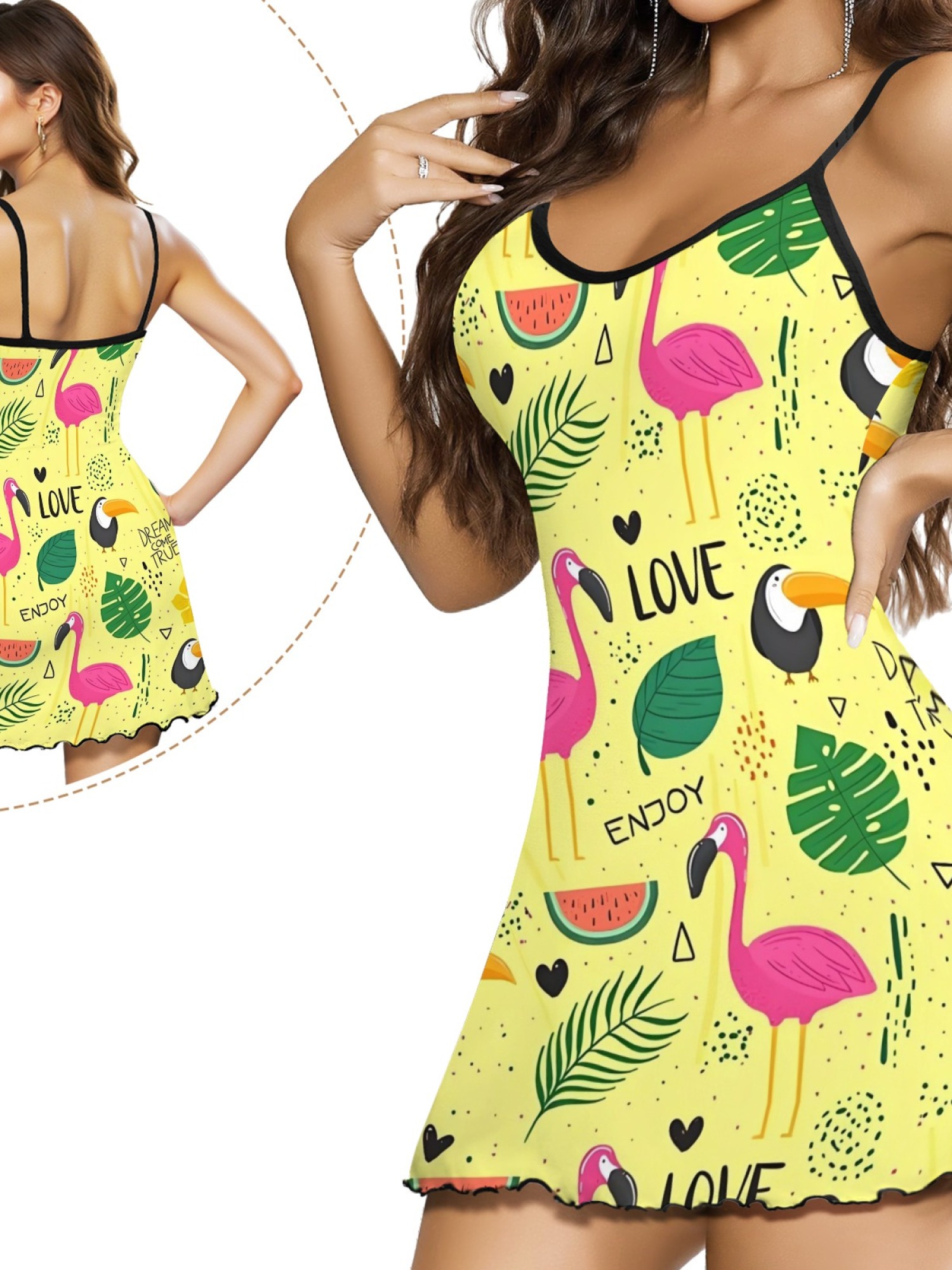 Women's Tropical Flamingo Print Cami Robe, Comfortable and Breathable Sleepwear, Fashionable Summer Dress for Home, Soft and Cute Nightgown