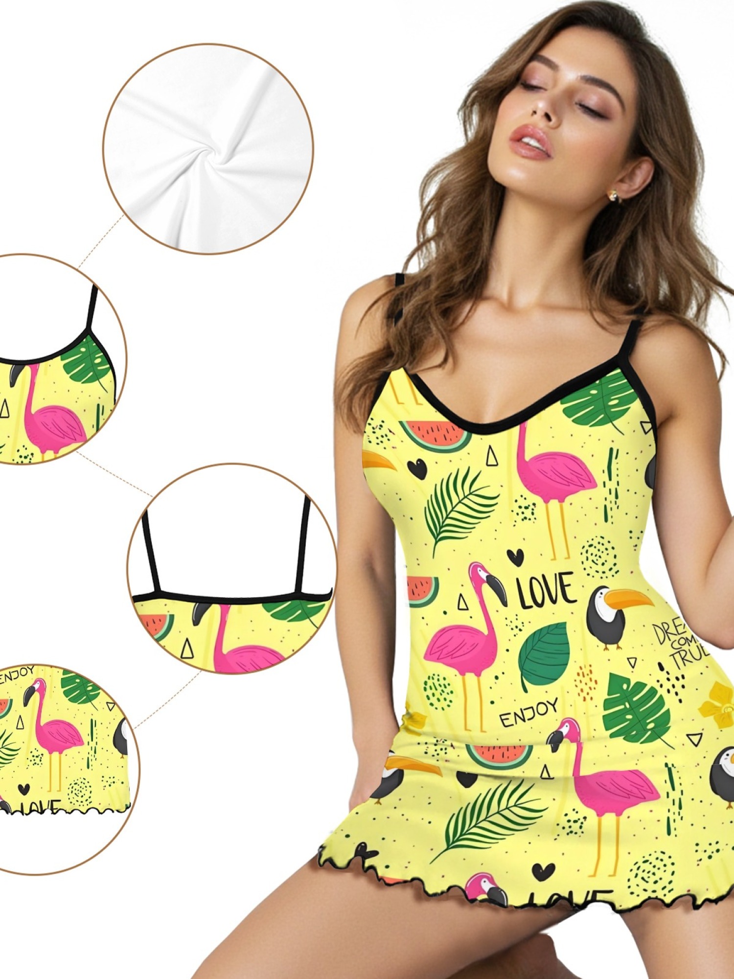 Women's Tropical Flamingo Print Cami Robe, Comfortable and Breathable Sleepwear, Fashionable Summer Dress for Home, Soft and Cute Nightgown