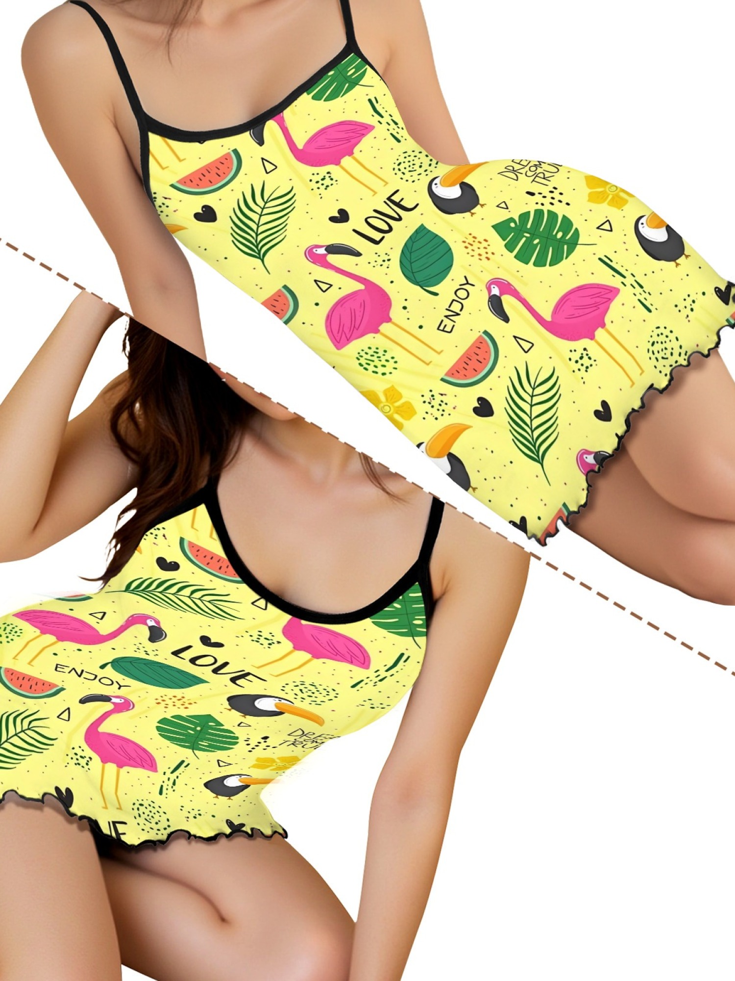 Women's Tropical Flamingo Print Cami Robe, Comfortable and Breathable Sleepwear, Fashionable Summer Dress for Home, Soft and Cute Nightgown