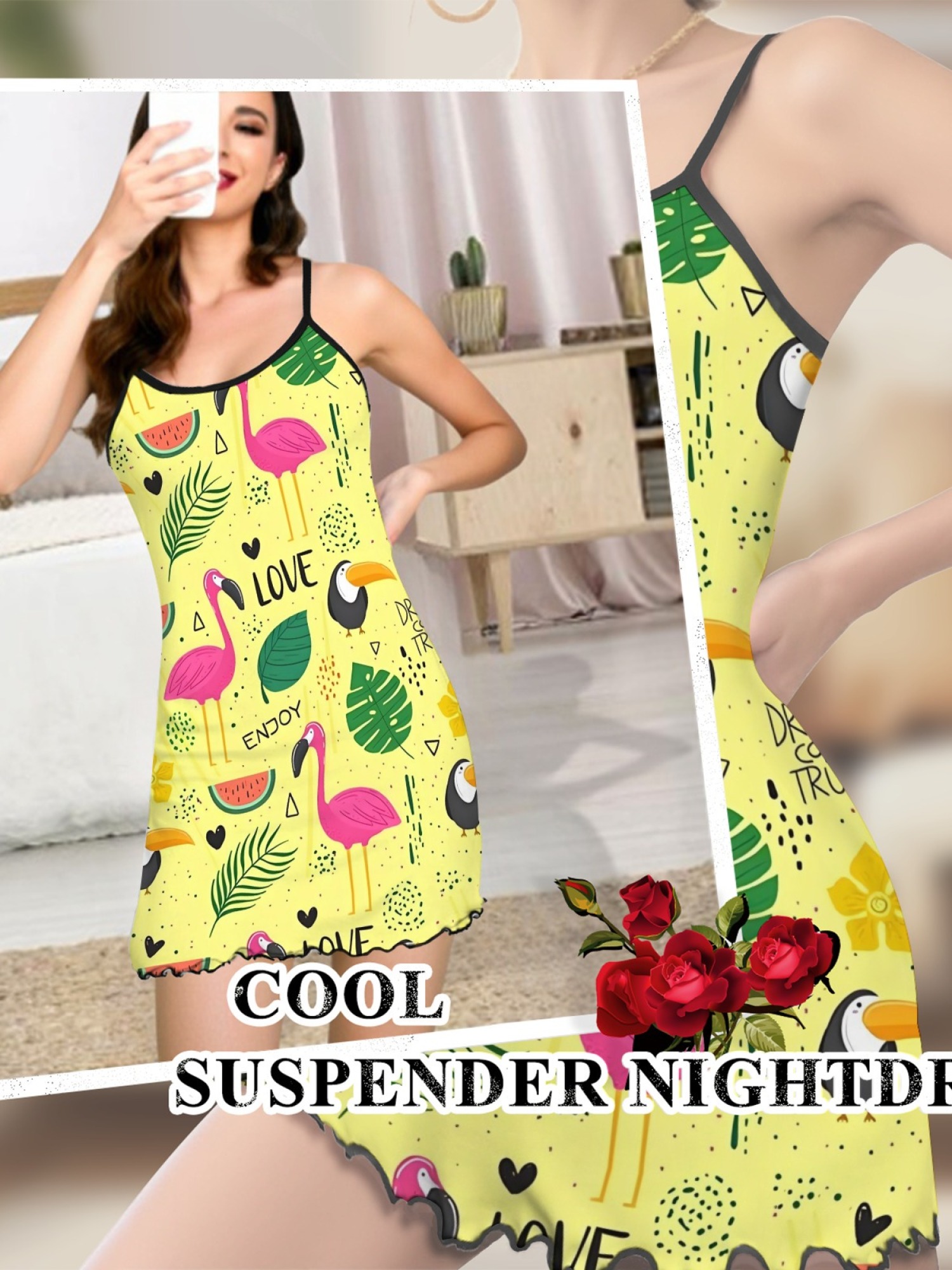 Women's Tropical Flamingo Print Cami Robe, Comfortable and Breathable Sleepwear, Fashionable Summer Dress for Home, Soft and Cute Nightgown