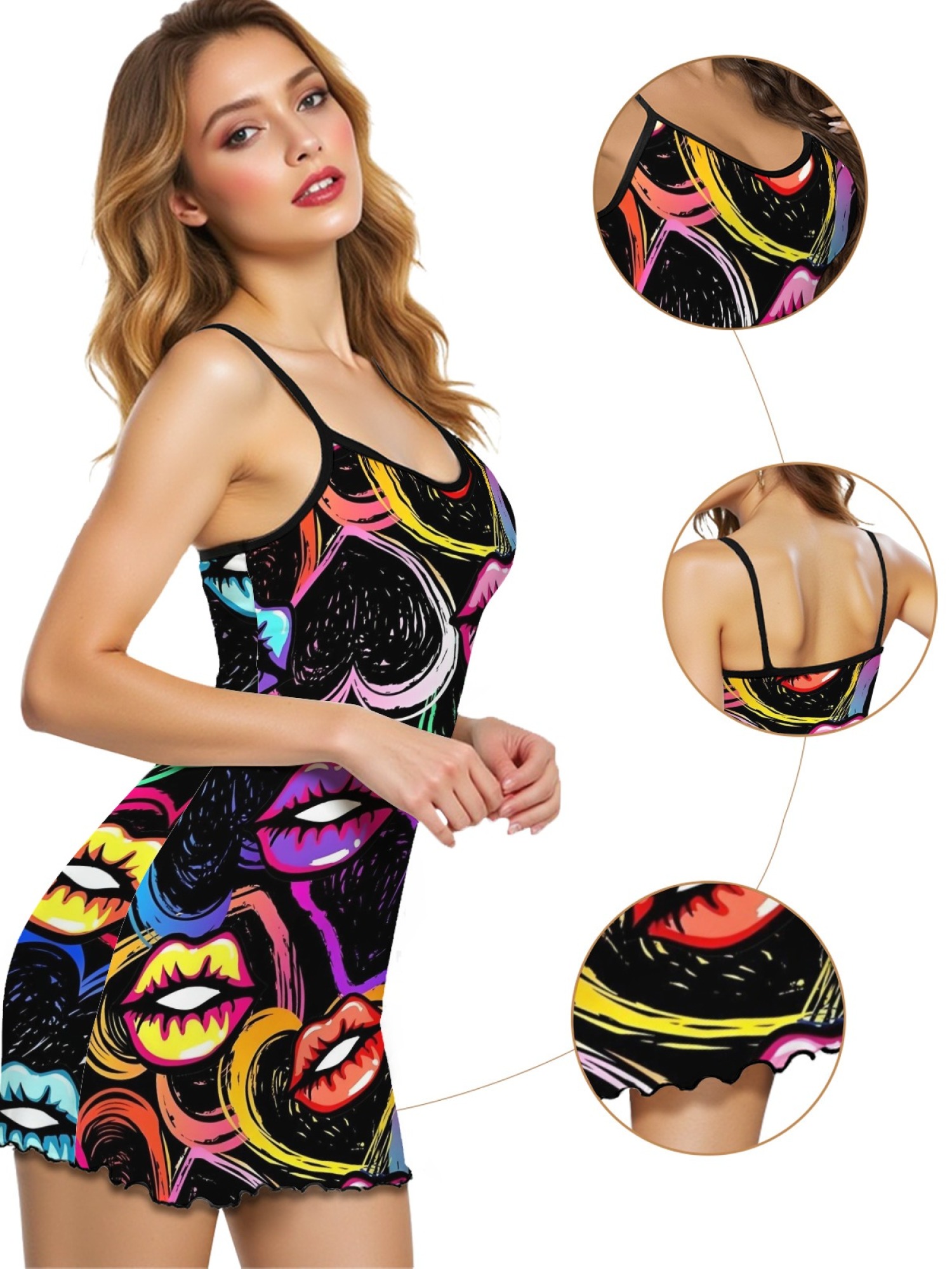 Women's Quirky Lip Print Ruffle Hem Sleep Dress, Stylish Backless Spaghetti Strap Nightgown for Summer, Soft Relaxing Fabric Home Wear