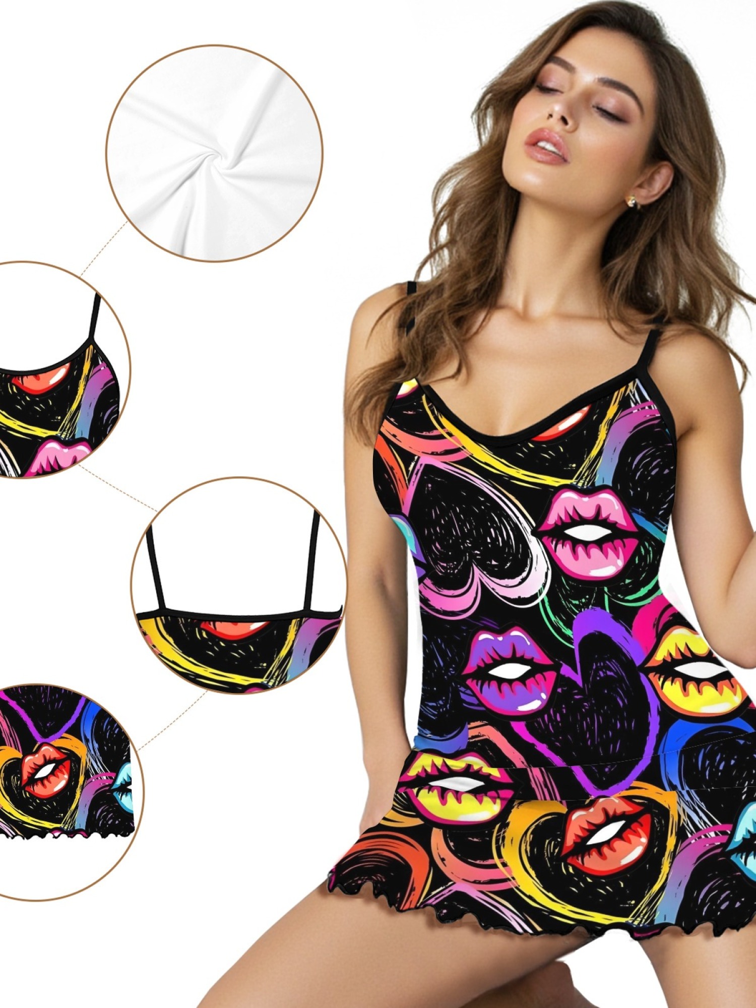 Women's Quirky Lip Print Ruffle Hem Sleep Dress, Stylish Backless Spaghetti Strap Nightgown for Summer, Soft Relaxing Fabric Home Wear