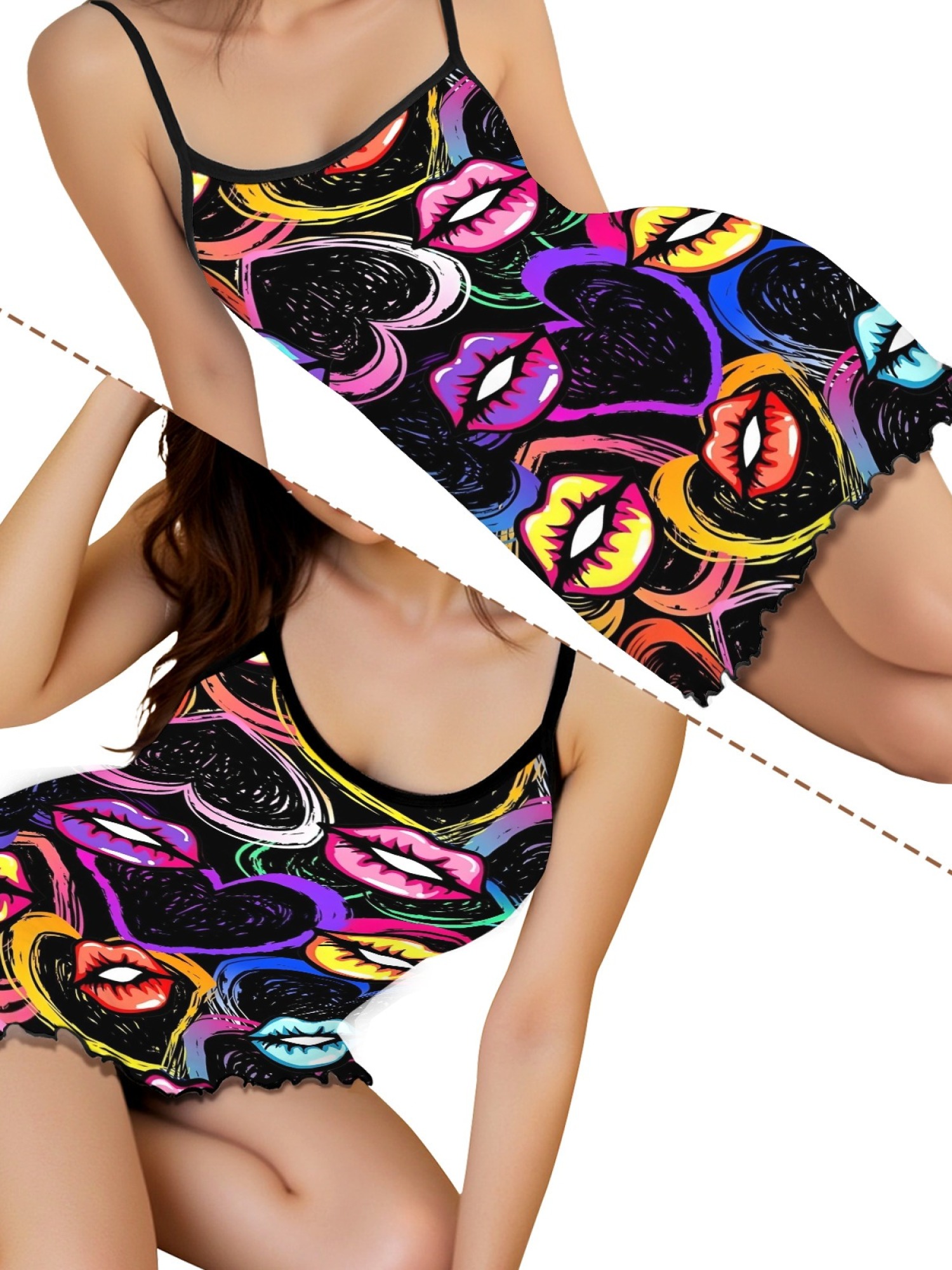 Women's Quirky Lip Print Ruffle Hem Sleep Dress, Stylish Backless Spaghetti Strap Nightgown for Summer, Soft Relaxing Fabric Home Wear