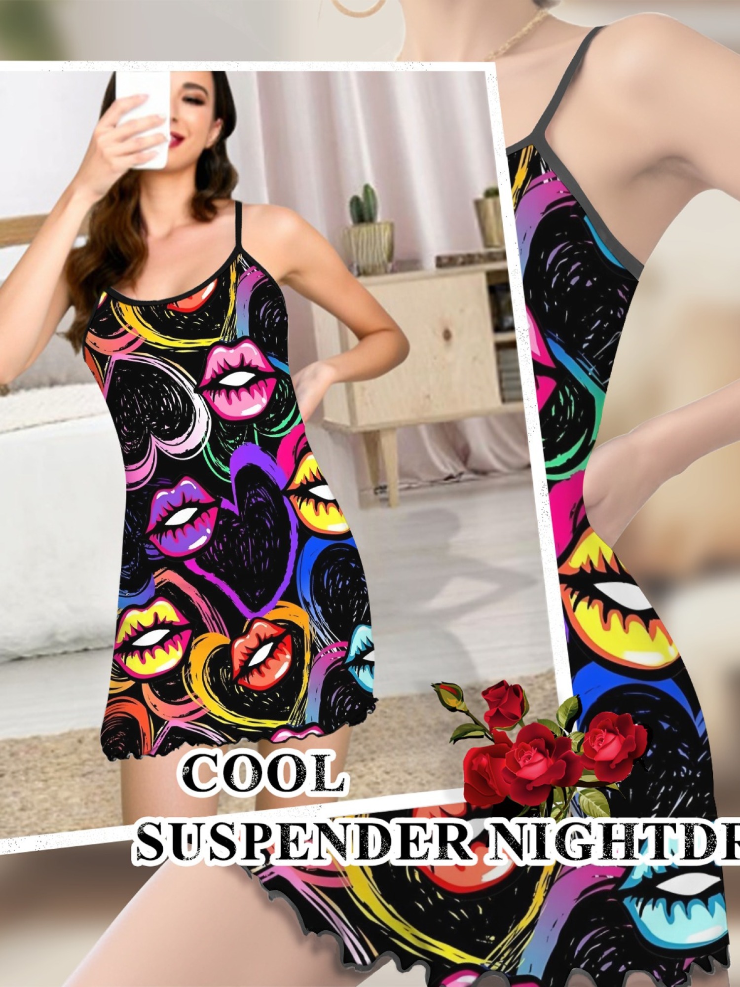 Women's Quirky Lip Print Ruffle Hem Sleep Dress, Stylish Backless Spaghetti Strap Nightgown for Summer, Soft Relaxing Fabric Home Wear