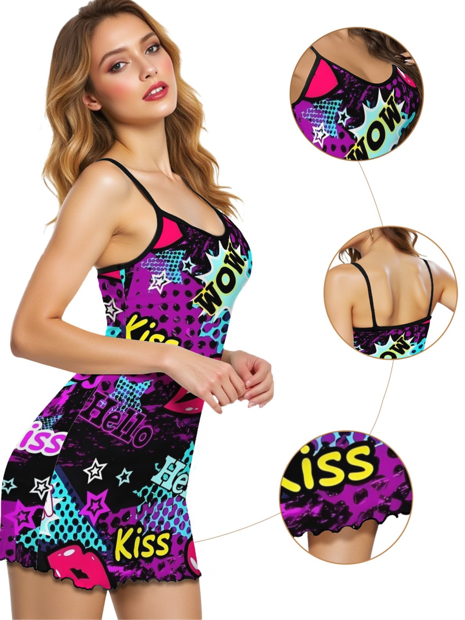 Women's Quirky Lip Print Ruffle Hem Sleep Dress, Stylish Backless Spaghetti Strap Nightgown for Summer, Soft Relaxing Fabric Home Wear