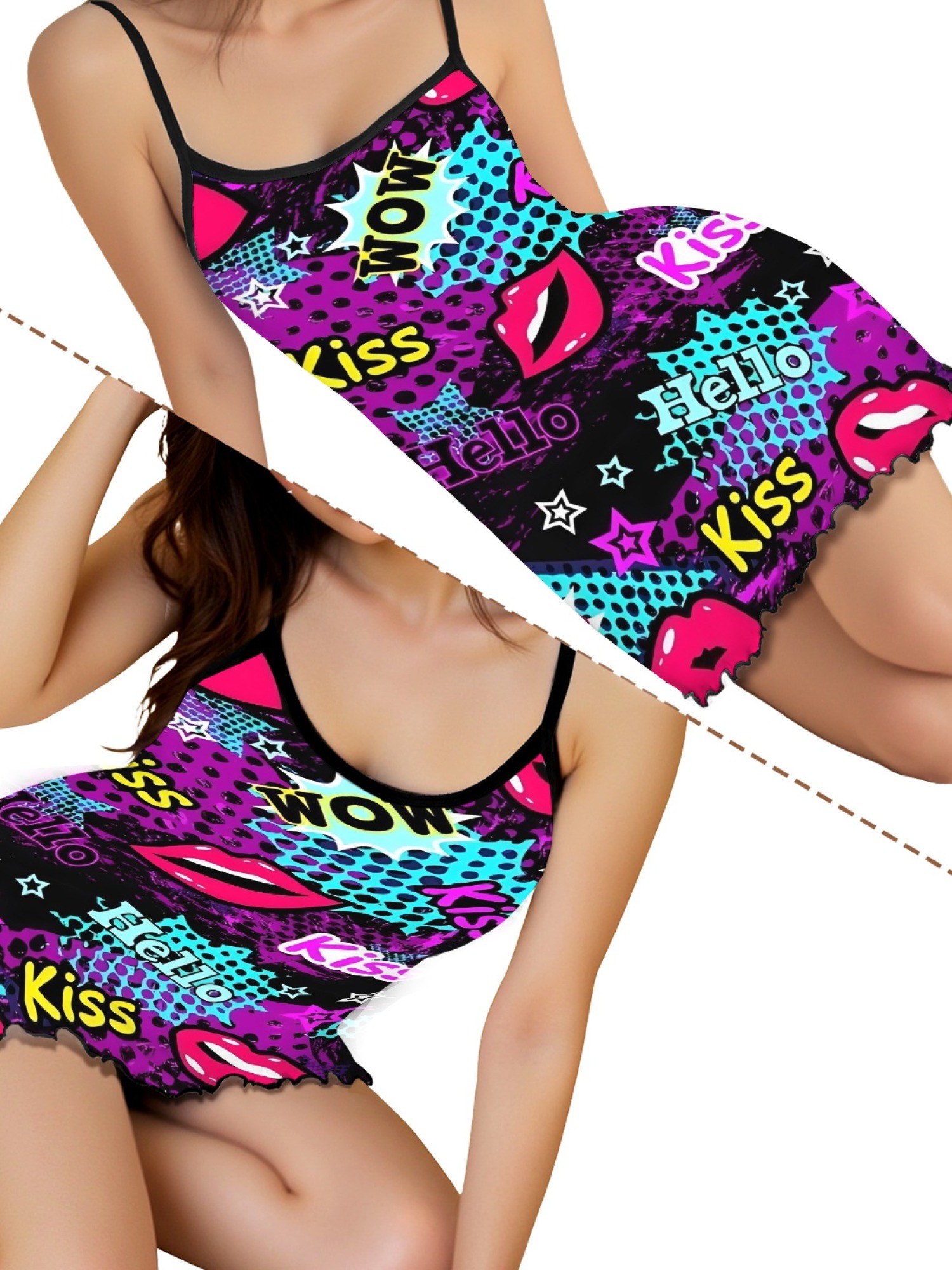 Women's Quirky Lip Print Ruffle Hem Sleep Dress, Stylish Backless Spaghetti Strap Nightgown for Summer, Soft Relaxing Fabric Home Wear