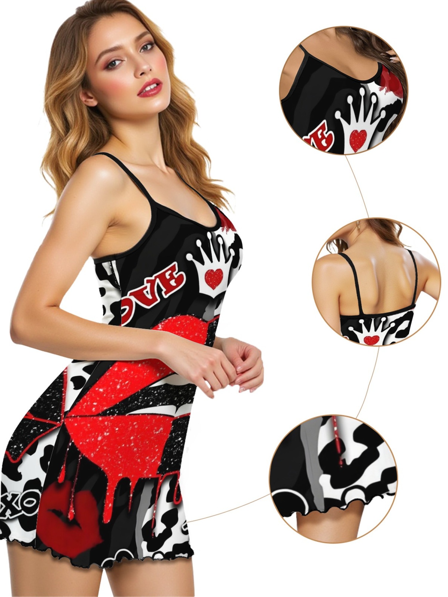 Women's Quirky Lip Print Ruffle Hem Sleep Dress, Stylish Backless Spaghetti Strap Nightgown for Summer, Soft Relaxing Fabric Home Wear