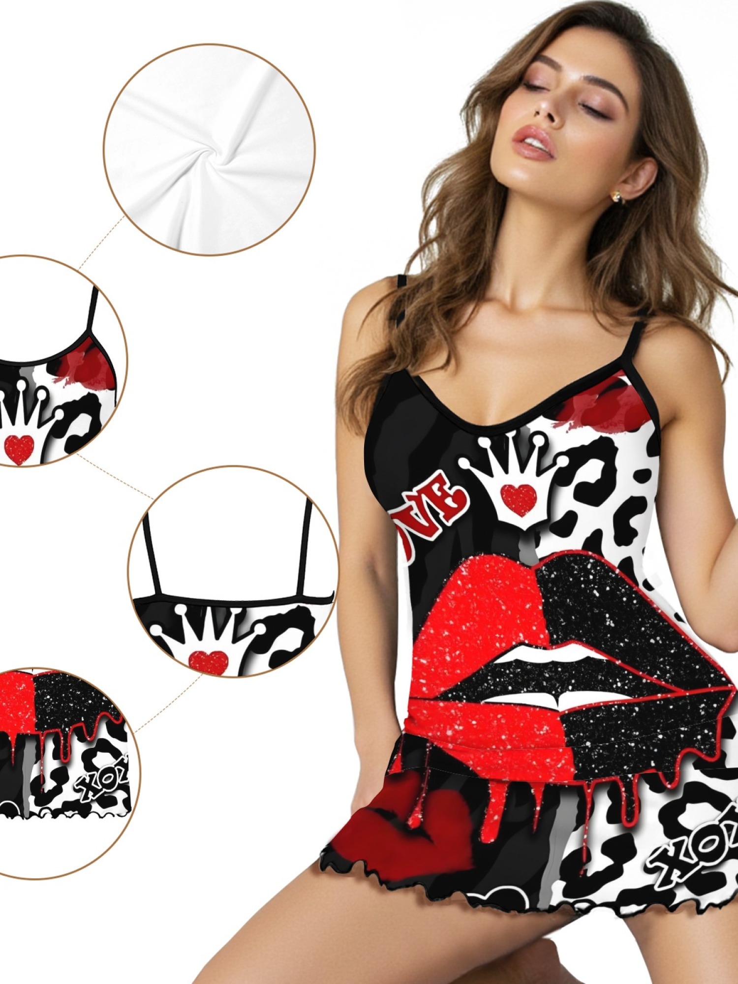 Women's Quirky Lip Print Ruffle Hem Sleep Dress, Stylish Backless Spaghetti Strap Nightgown for Summer, Soft Relaxing Fabric Home Wear