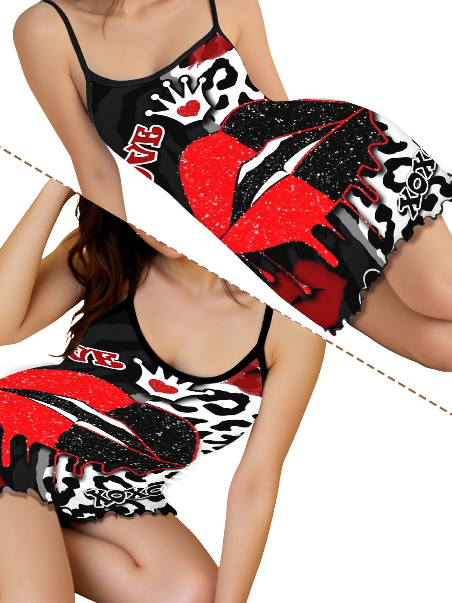 Women's Quirky Lip Print Ruffle Hem Sleep Dress, Stylish Backless Spaghetti Strap Nightgown for Summer, Soft Relaxing Fabric Home Wear