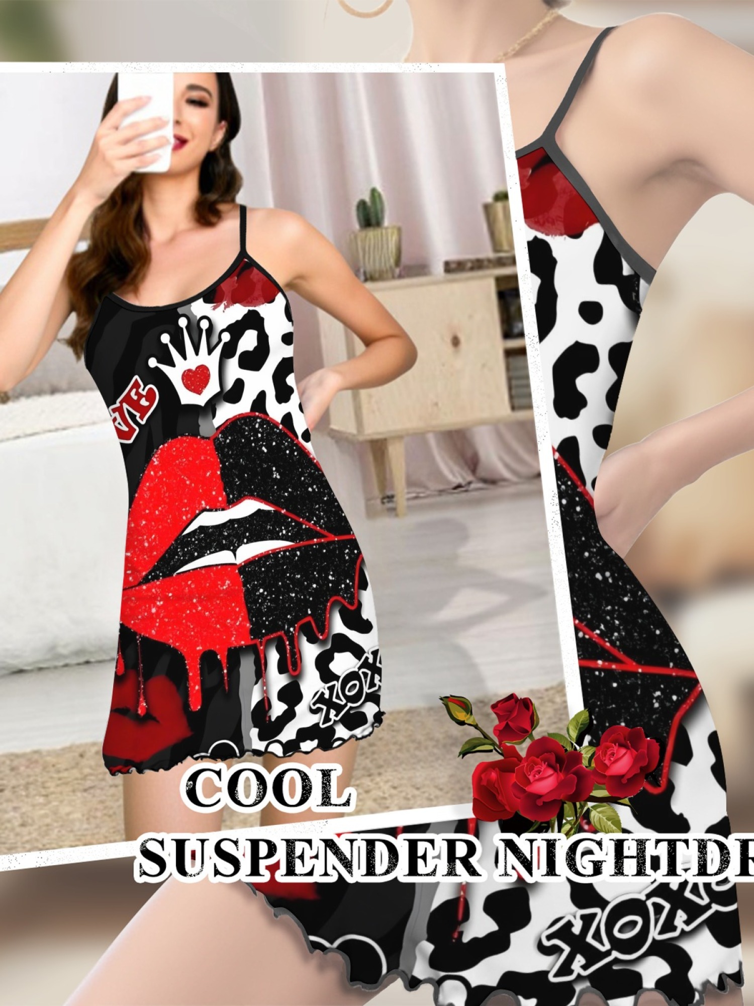 Women's Quirky Lip Print Ruffle Hem Sleep Dress, Stylish Backless Spaghetti Strap Nightgown for Summer, Soft Relaxing Fabric Home Wear