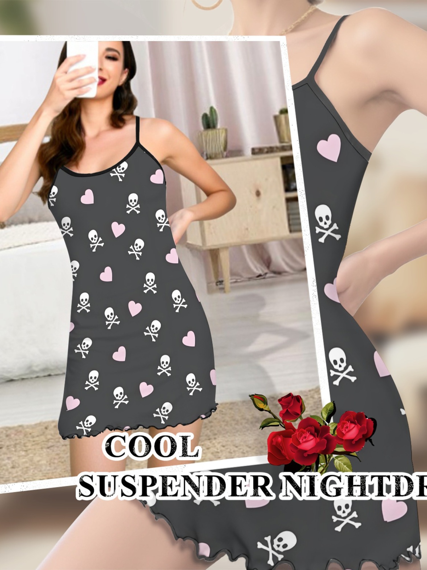 Summer Women’s Heart Print Sleeveless Nightgown, Breathable Casual Sleep Dress for Romantic Homewear, Slim-Fit Cute Loungewear for Couples