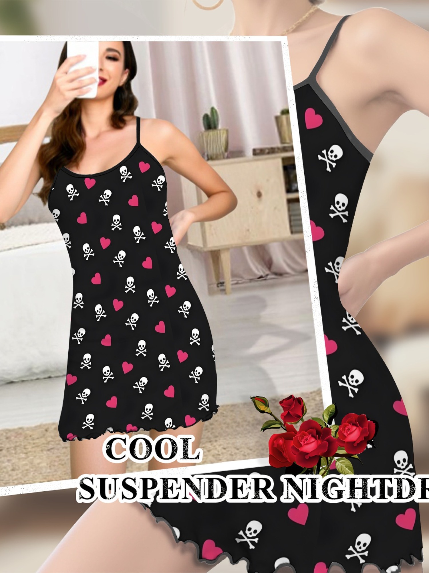 Summer Women’s Heart Print Sleeveless Nightgown, Breathable Casual Sleep Dress for Romantic Homewear, Slim-Fit Cute Loungewear for Couples