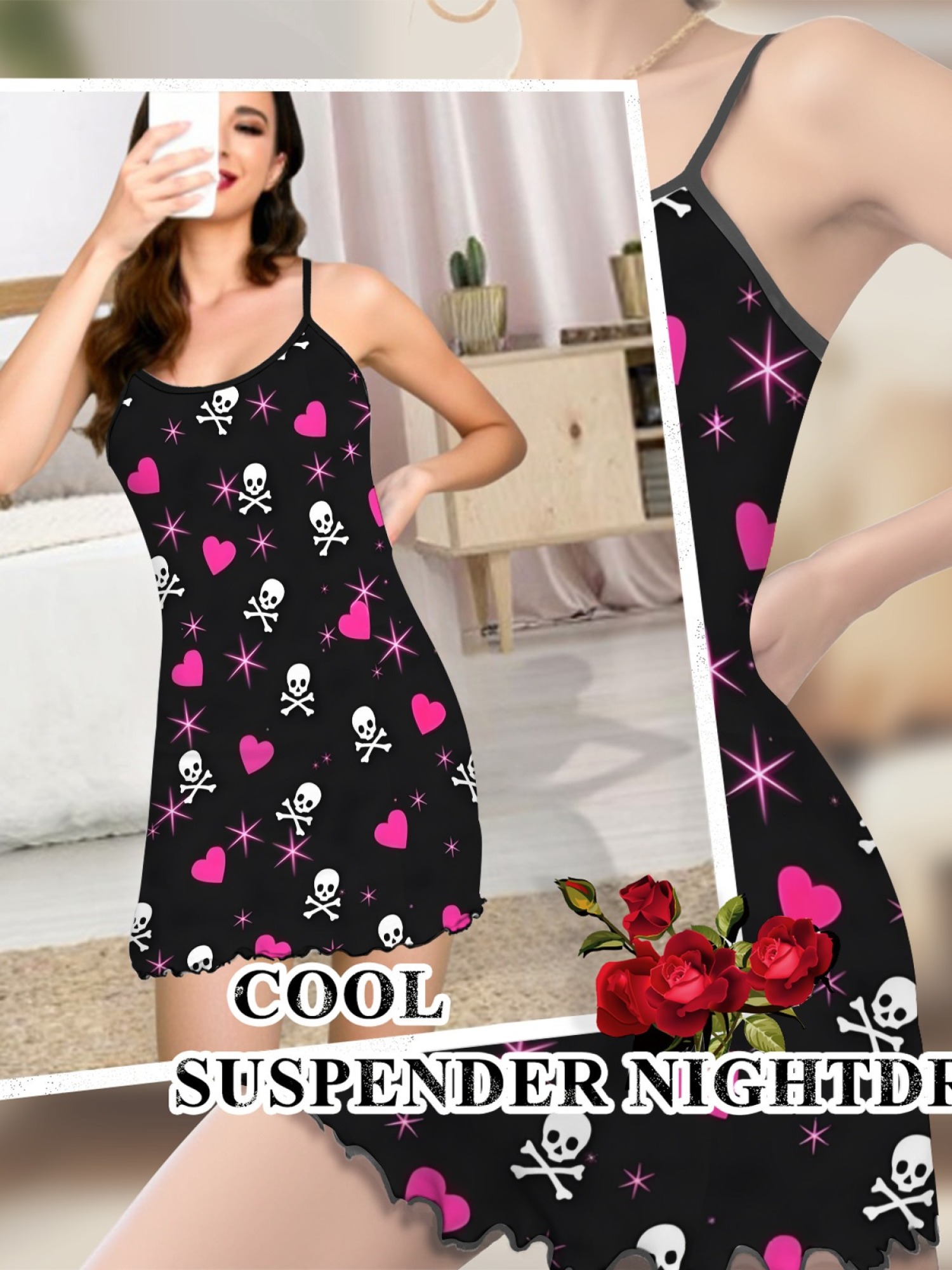 Summer Women’s Heart Print Sleeveless Nightgown, Breathable Casual Sleep Dress for Romantic Homewear, Slim-Fit Cute Loungewear for Couples