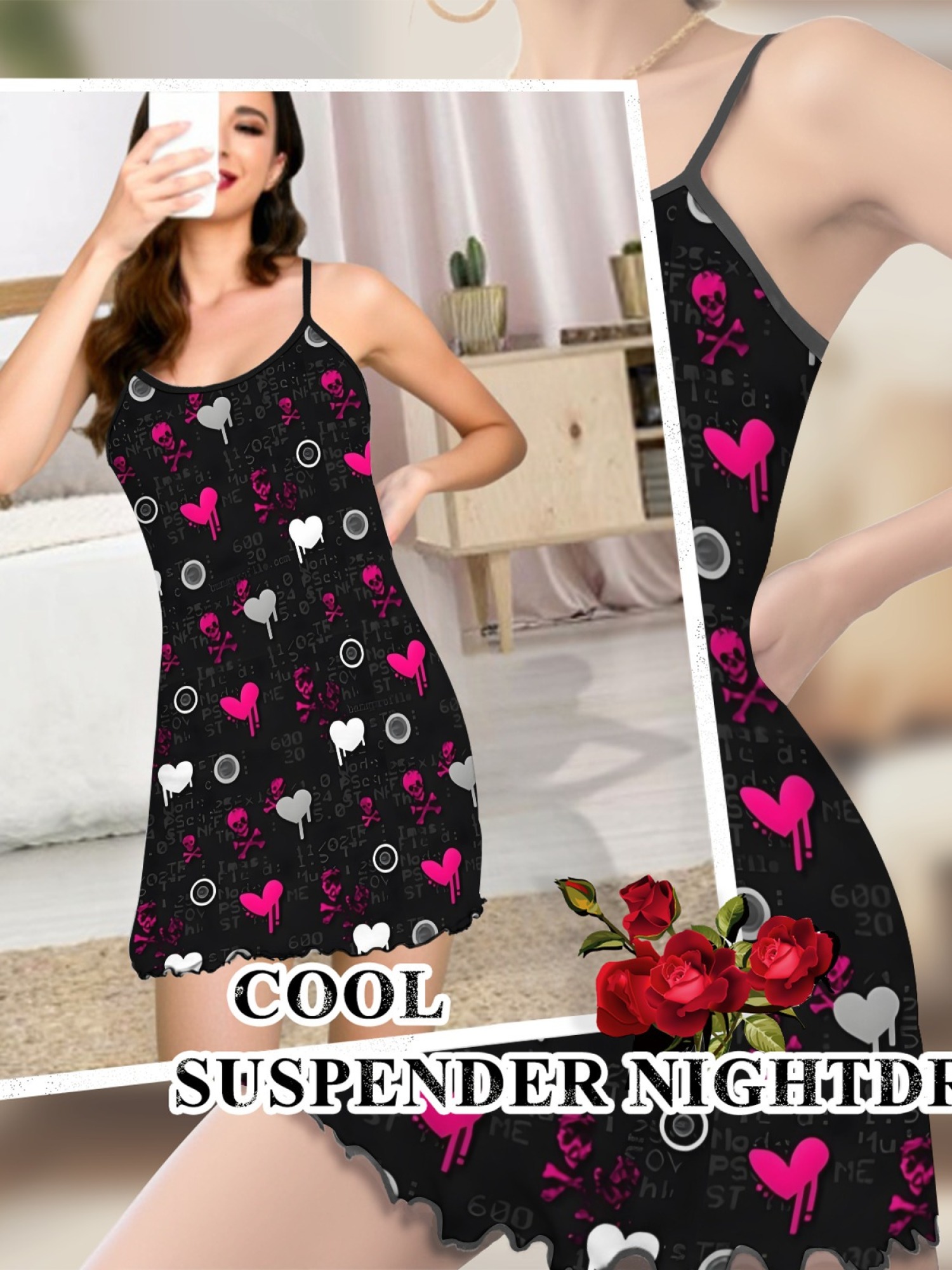 Summer Women’s Heart Print Sleeveless Nightgown, Breathable Casual Sleep Dress for Romantic Homewear, Slim-Fit Cute Loungewear for Couples