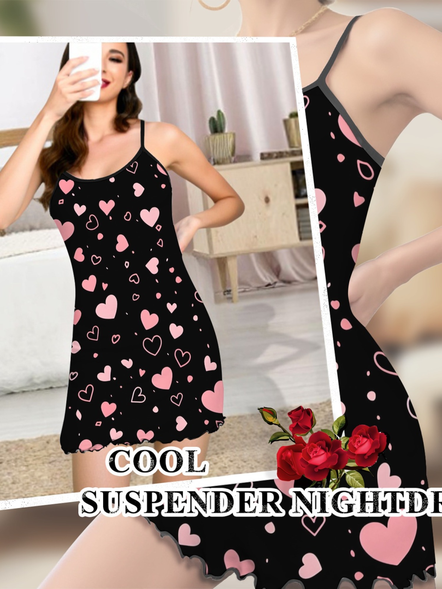 Summer Women’s Heart Print Sleeveless Nightgown, Breathable Casual Sleep Dress for Romantic Homewear, Slim-Fit Cute Loungewear for Couples