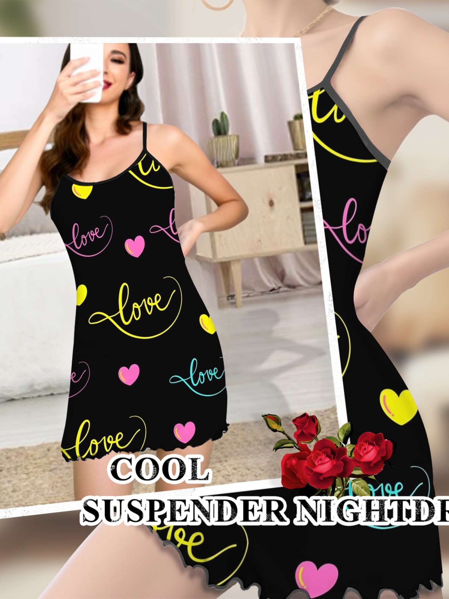 Summer Women’s Heart Print Sleeveless Nightgown, Breathable Casual Sleep Dress for Romantic Homewear, Slim-Fit Cute Loungewear for Couples