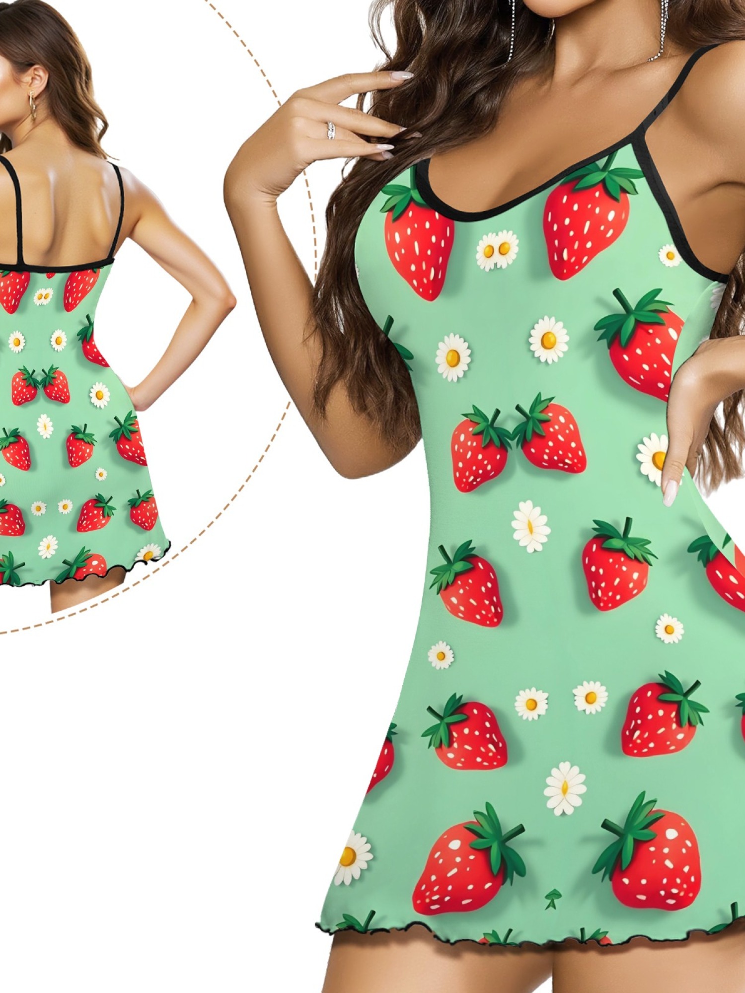 Women’s Sexy Casual Spaghetti Strap Sleep Dress, Sweet Strawberry Daisy Print Design, Stylish Summer Lounge Wear, Loose Fit and Breathable Silk Nightgown