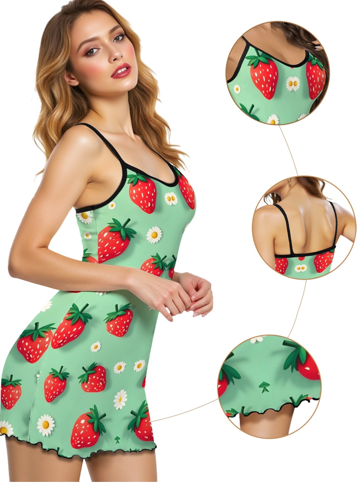Women’s Sexy Casual Spaghetti Strap Sleep Dress, Sweet Strawberry Daisy Print Design, Stylish Summer Lounge Wear, Loose Fit and Breathable Silk Nightgown