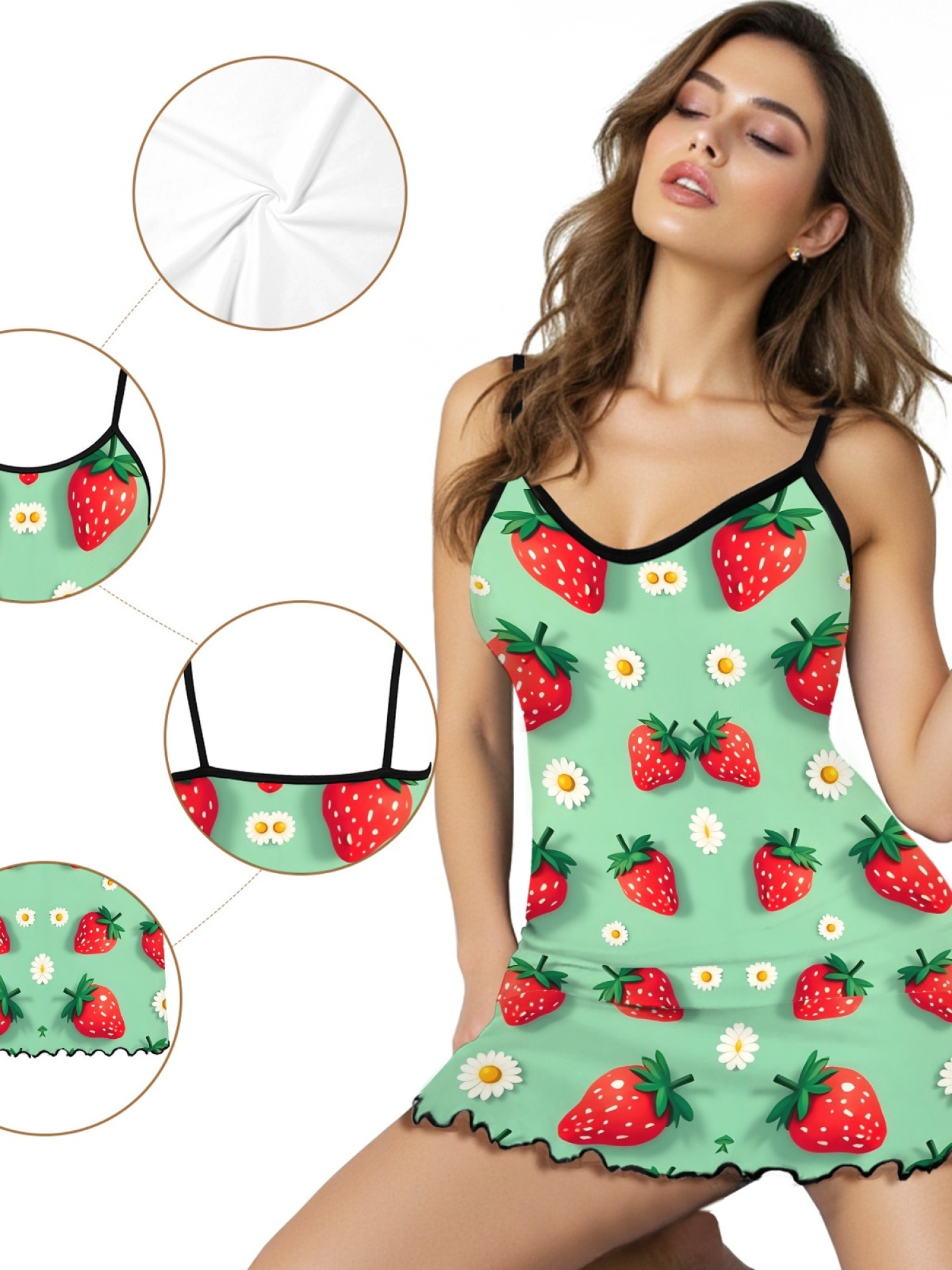 Women’s Sexy Casual Spaghetti Strap Sleep Dress, Sweet Strawberry Daisy Print Design, Stylish Summer Lounge Wear, Loose Fit and Breathable Silk Nightgown