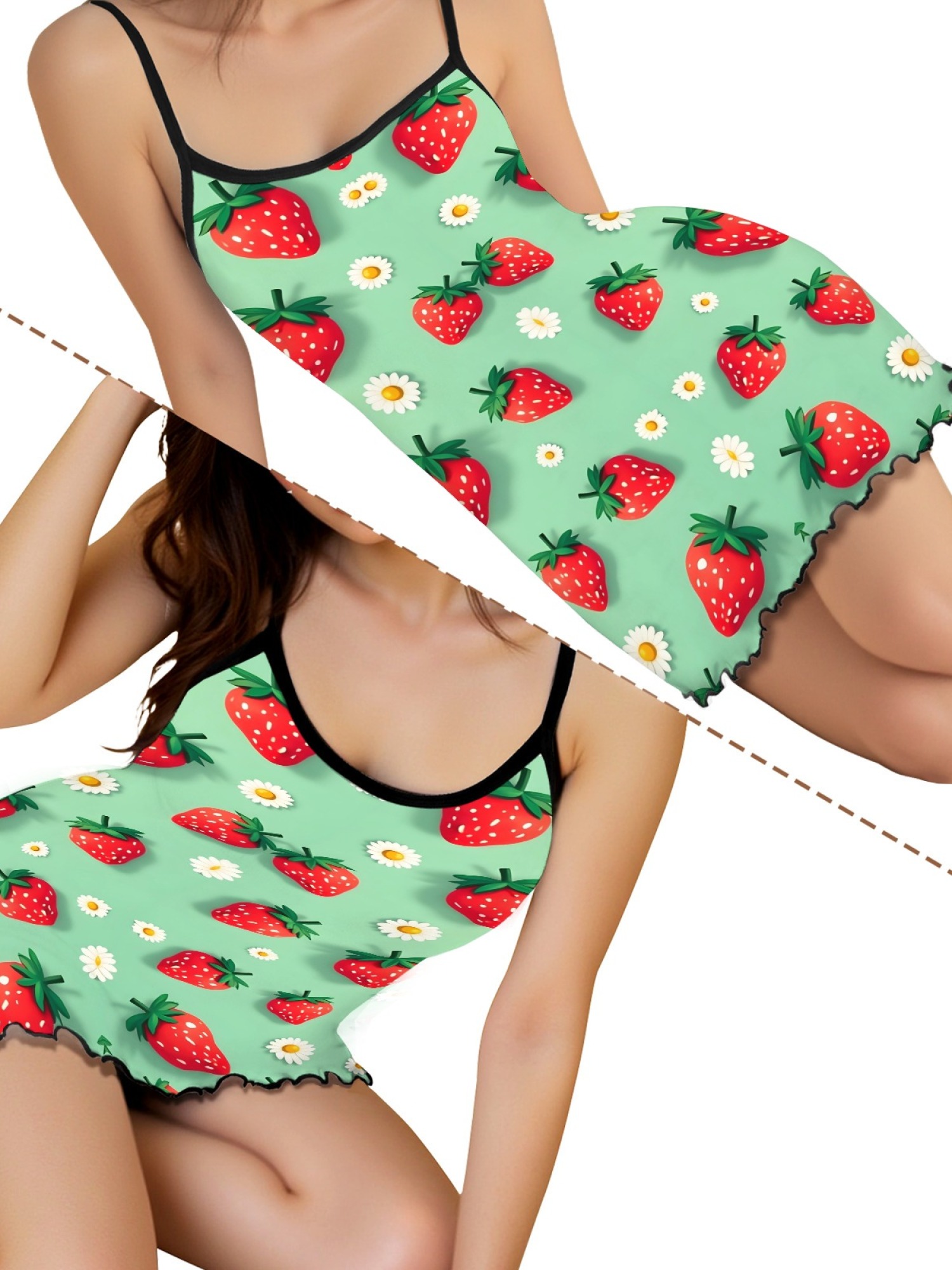 Women’s Sexy Casual Spaghetti Strap Sleep Dress, Sweet Strawberry Daisy Print Design, Stylish Summer Lounge Wear, Loose Fit and Breathable Silk Nightgown