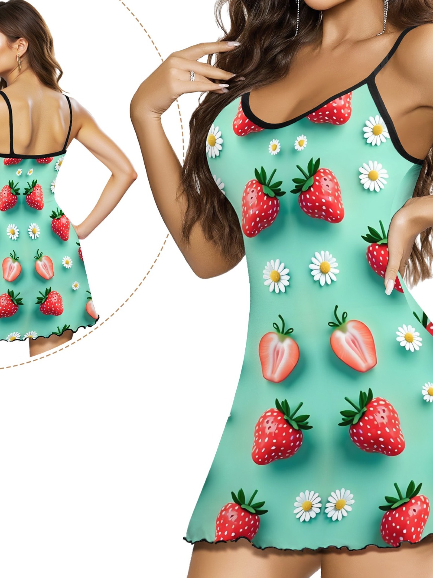 Women’s Sexy Casual Spaghetti Strap Sleep Dress, Sweet Strawberry Daisy Print Design, Stylish Summer Lounge Wear, Loose Fit and Breathable Silk Nightgown
