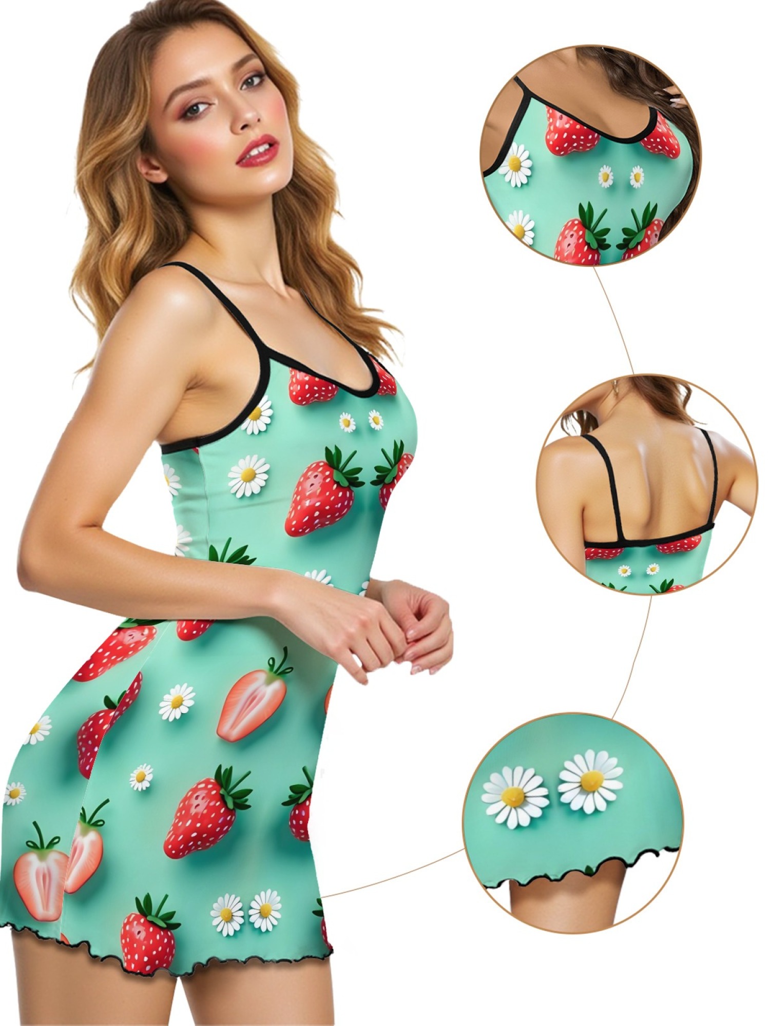 Women’s Sexy Casual Spaghetti Strap Sleep Dress, Sweet Strawberry Daisy Print Design, Stylish Summer Lounge Wear, Loose Fit and Breathable Silk Nightgown