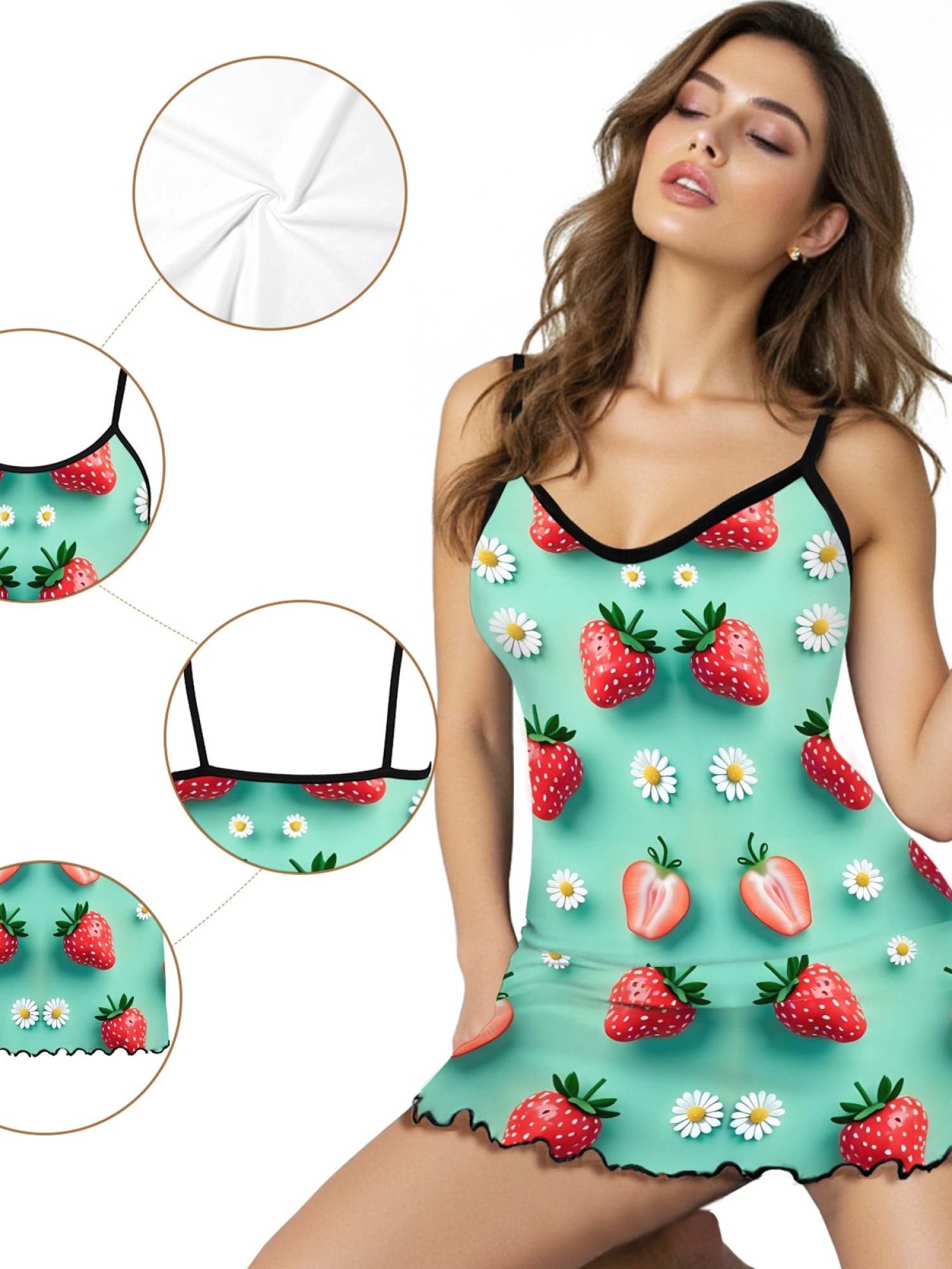 Women’s Sexy Casual Spaghetti Strap Sleep Dress, Sweet Strawberry Daisy Print Design, Stylish Summer Lounge Wear, Loose Fit and Breathable Silk Nightgown
