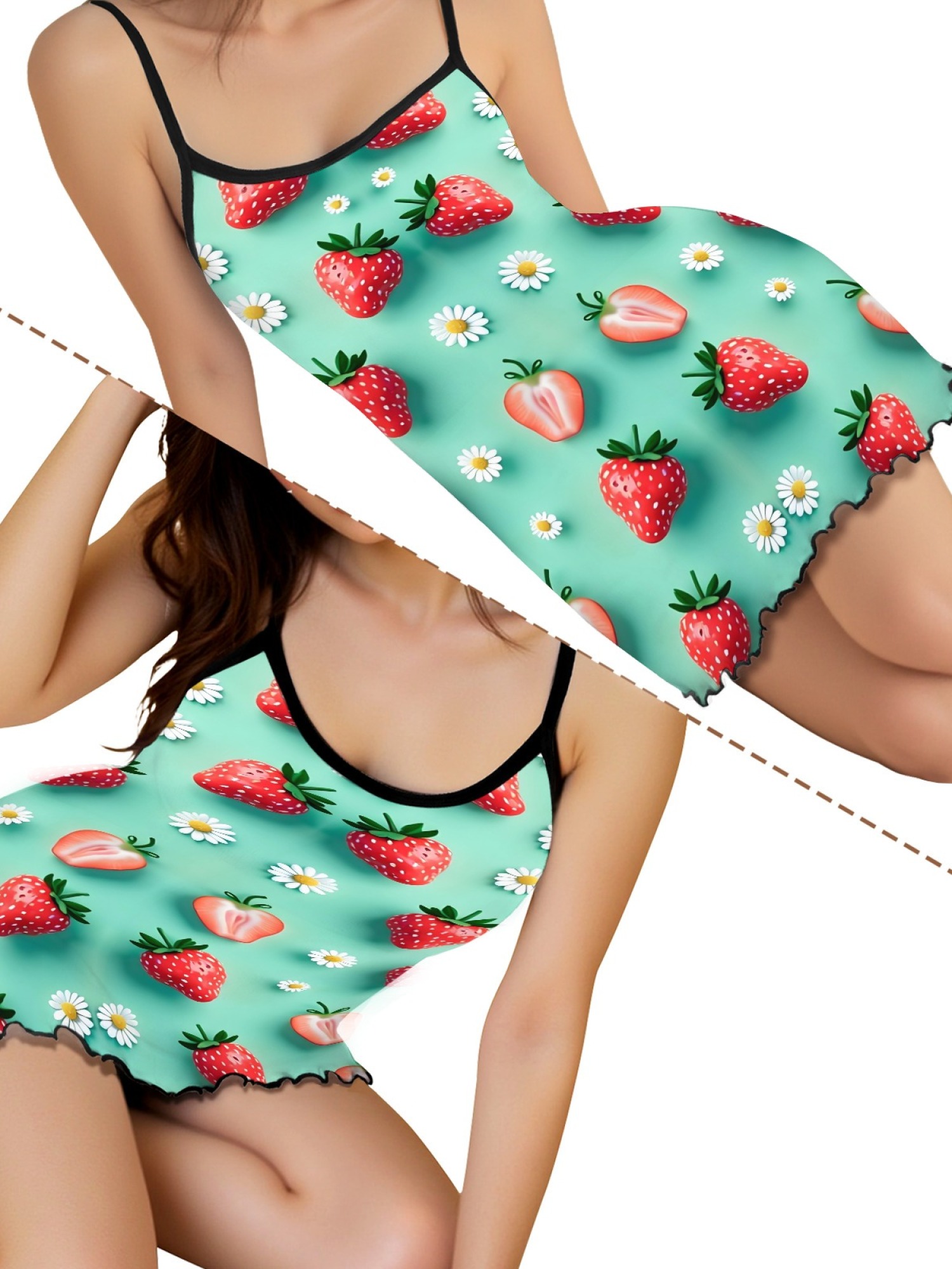 Women’s Sexy Casual Spaghetti Strap Sleep Dress, Sweet Strawberry Daisy Print Design, Stylish Summer Lounge Wear, Loose Fit and Breathable Silk Nightgown