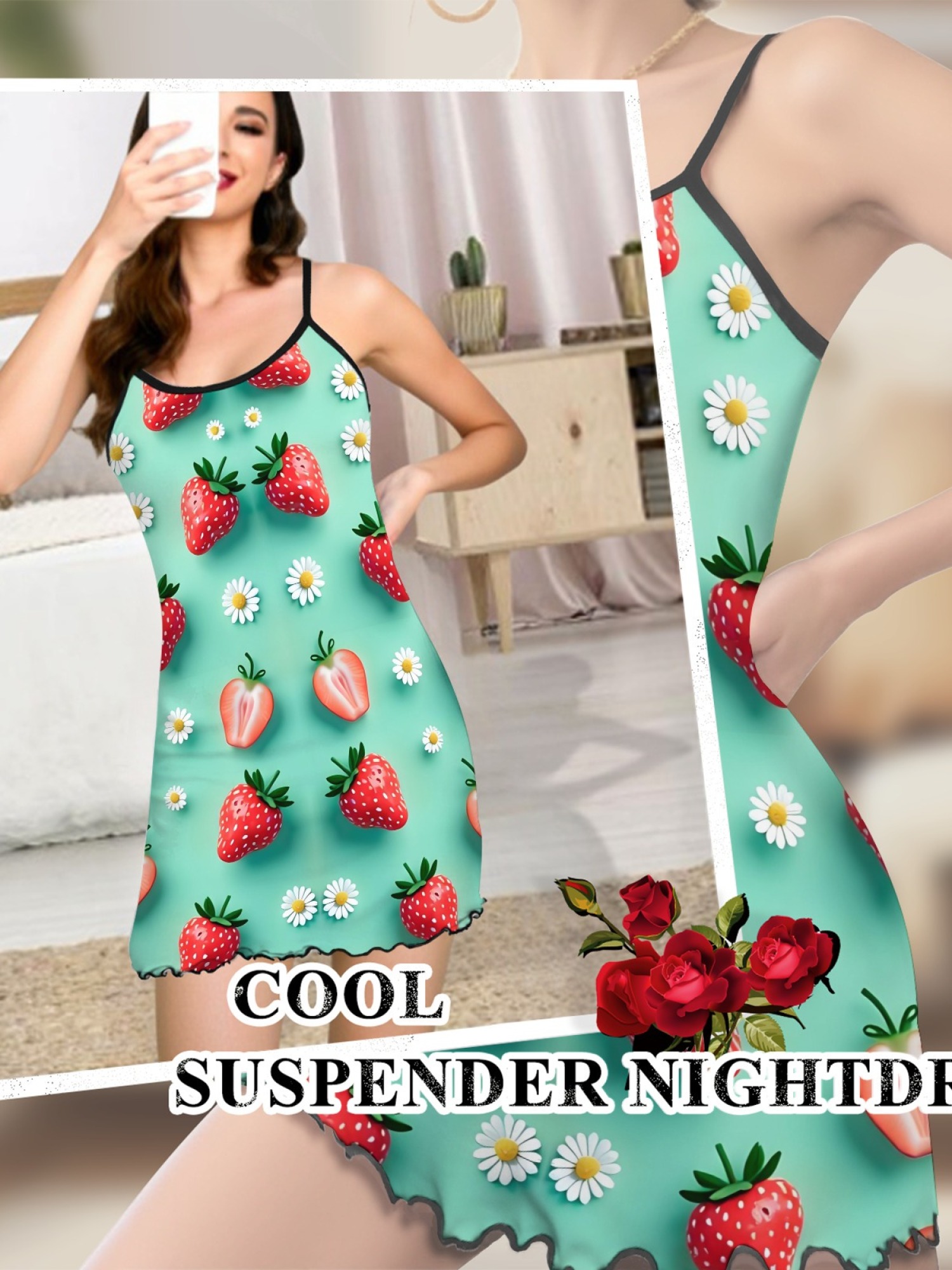 Women’s Sexy Casual Spaghetti Strap Sleep Dress, Sweet Strawberry Daisy Print Design, Stylish Summer Lounge Wear, Loose Fit and Breathable Silk Nightgown
