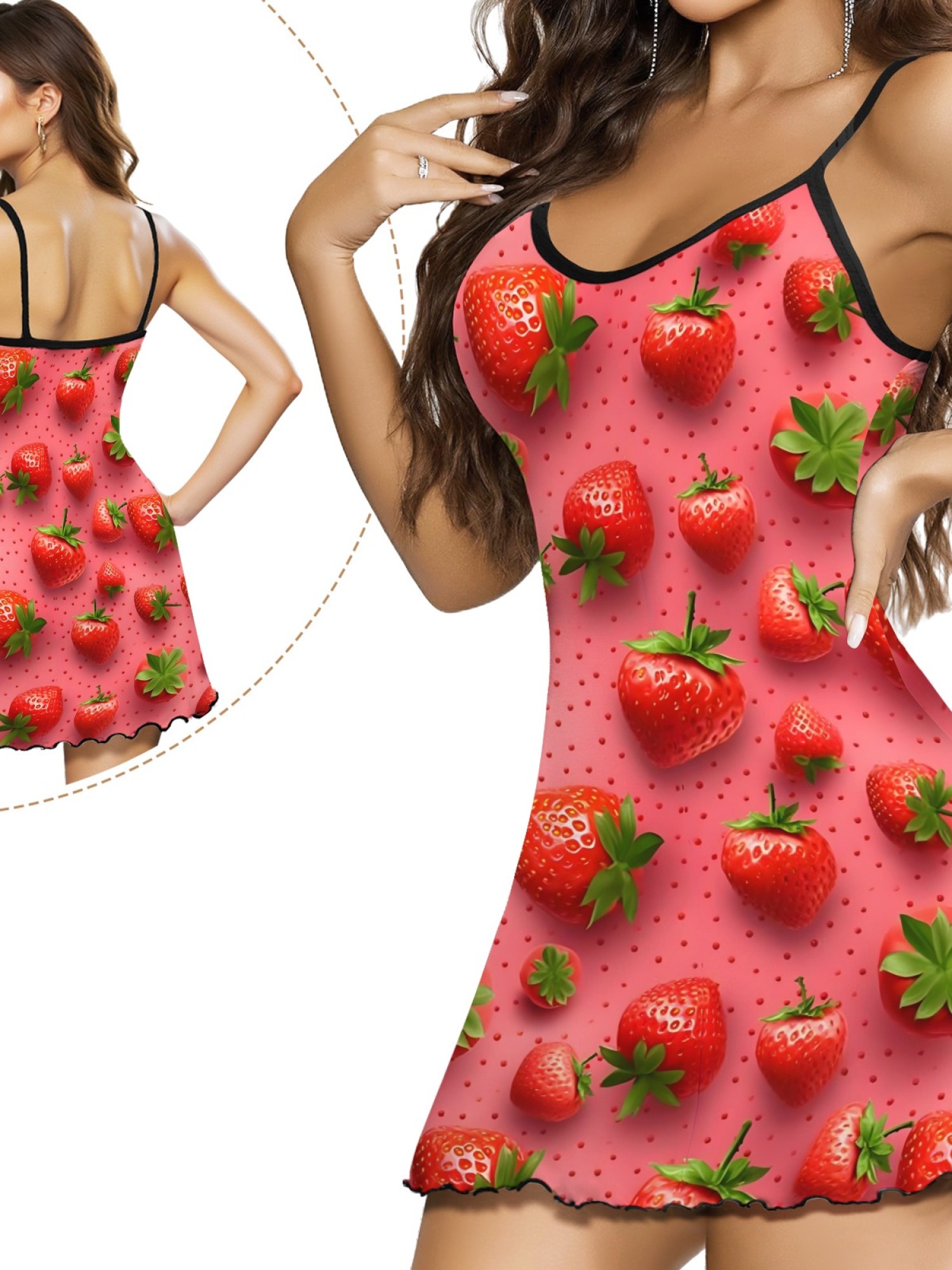 Women’s Sexy Casual Spaghetti Strap Sleep Dress, Sweet Strawberry Daisy Print Design, Stylish Summer Lounge Wear, Loose Fit and Breathable Silk Nightgown