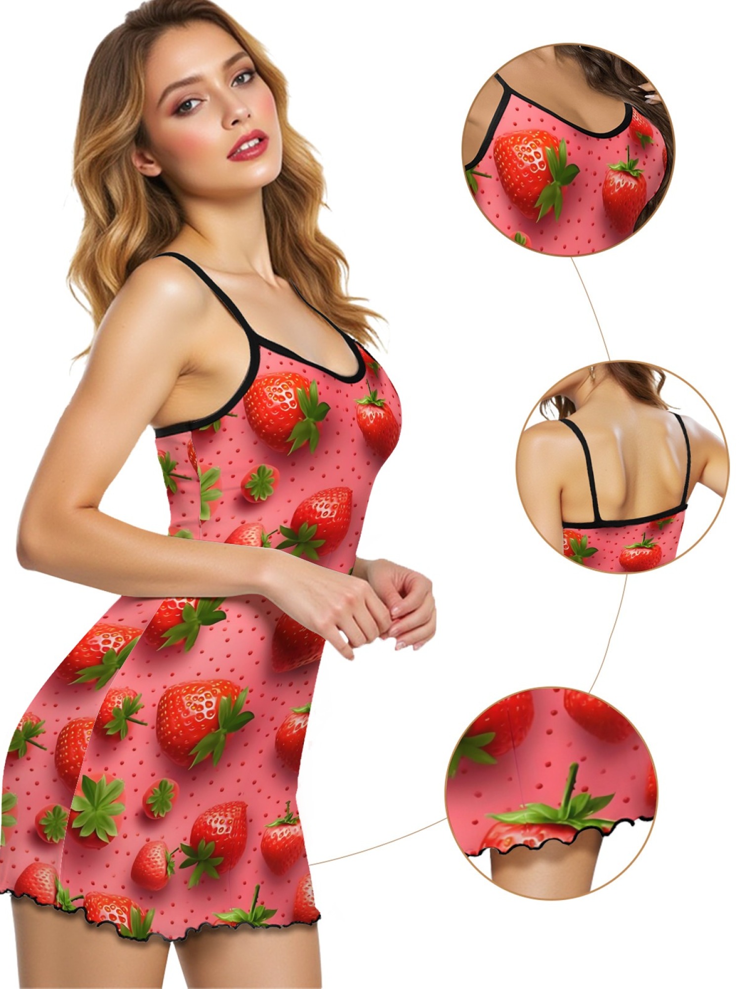 Women’s Sexy Casual Spaghetti Strap Sleep Dress, Sweet Strawberry Daisy Print Design, Stylish Summer Lounge Wear, Loose Fit and Breathable Silk Nightgown