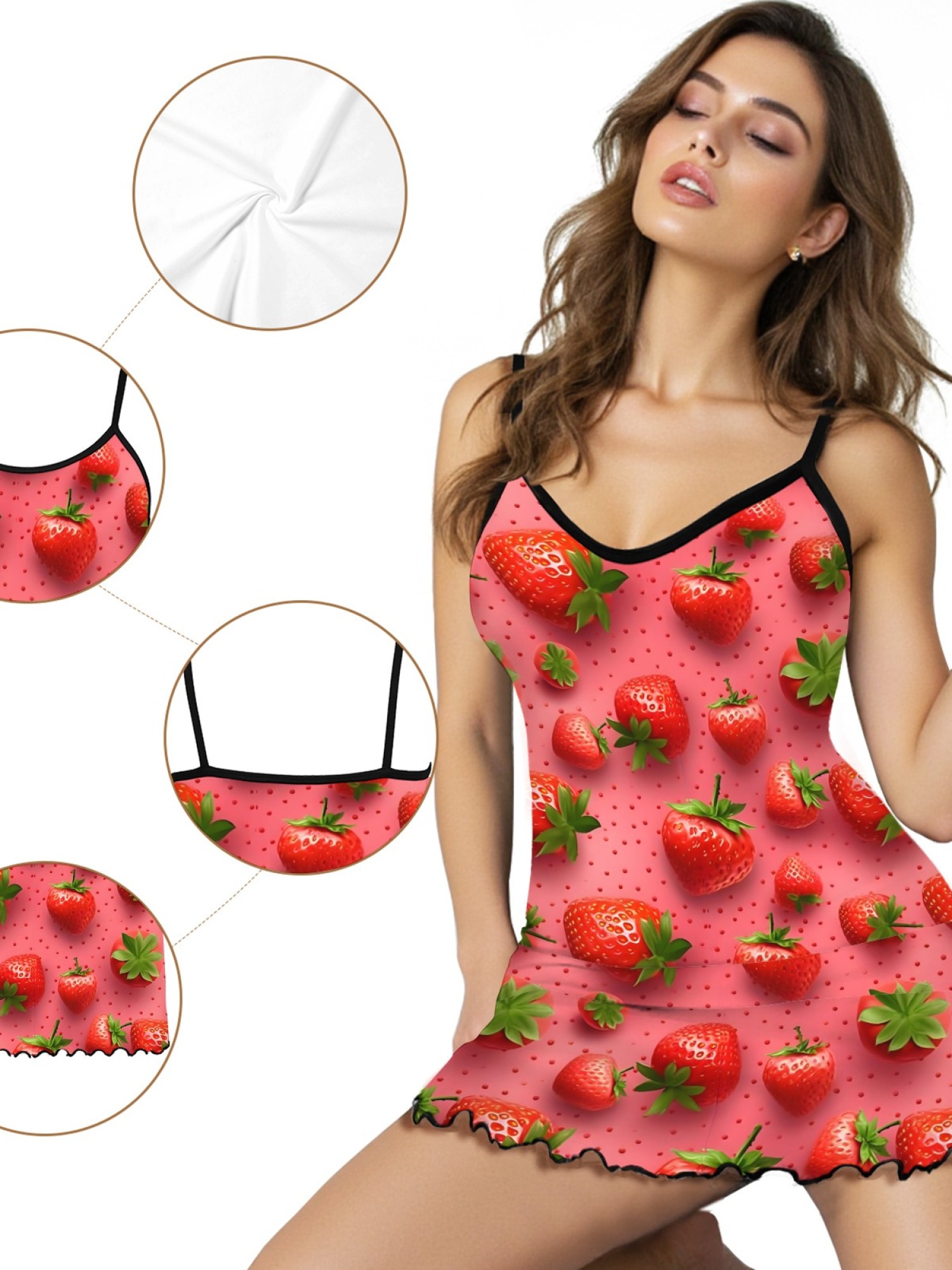Women’s Sexy Casual Spaghetti Strap Sleep Dress, Sweet Strawberry Daisy Print Design, Stylish Summer Lounge Wear, Loose Fit and Breathable Silk Nightgown
