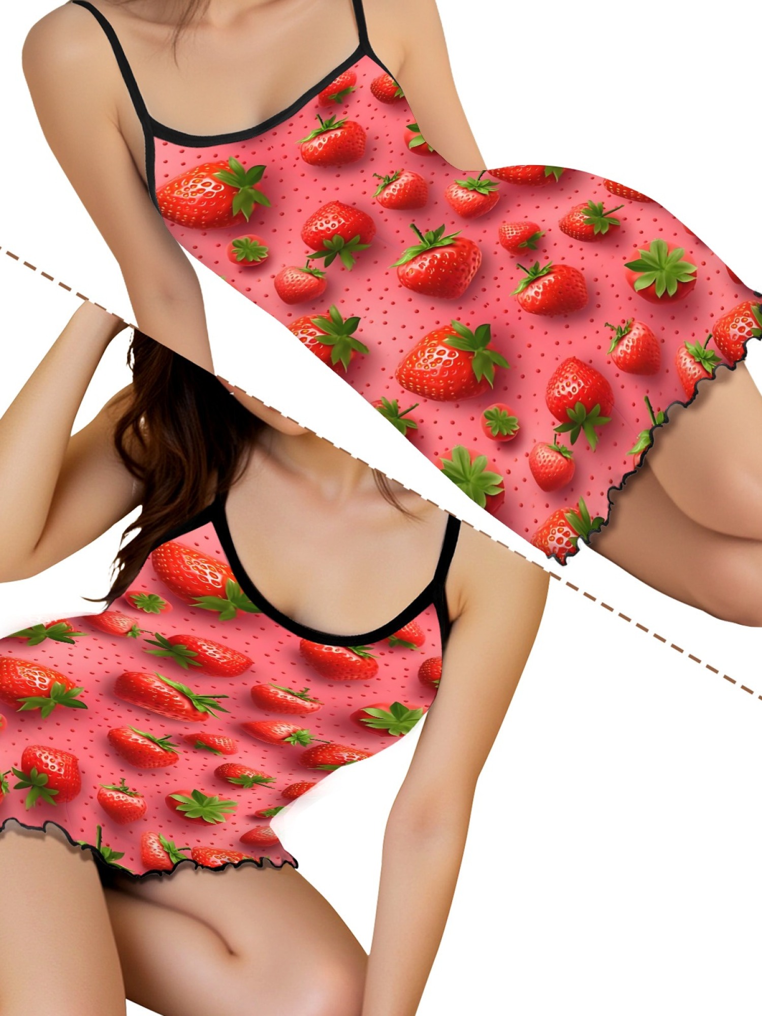 Women’s Sexy Casual Spaghetti Strap Sleep Dress, Sweet Strawberry Daisy Print Design, Stylish Summer Lounge Wear, Loose Fit and Breathable Silk Nightgown