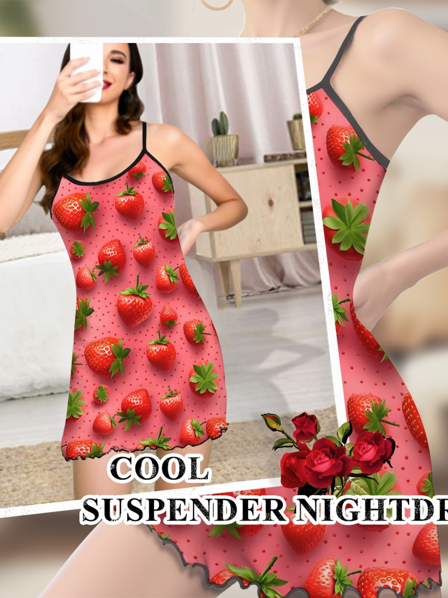 Women’s Sexy Casual Spaghetti Strap Sleep Dress, Sweet Strawberry Daisy Print Design, Stylish Summer Lounge Wear, Loose Fit and Breathable Silk Nightgown