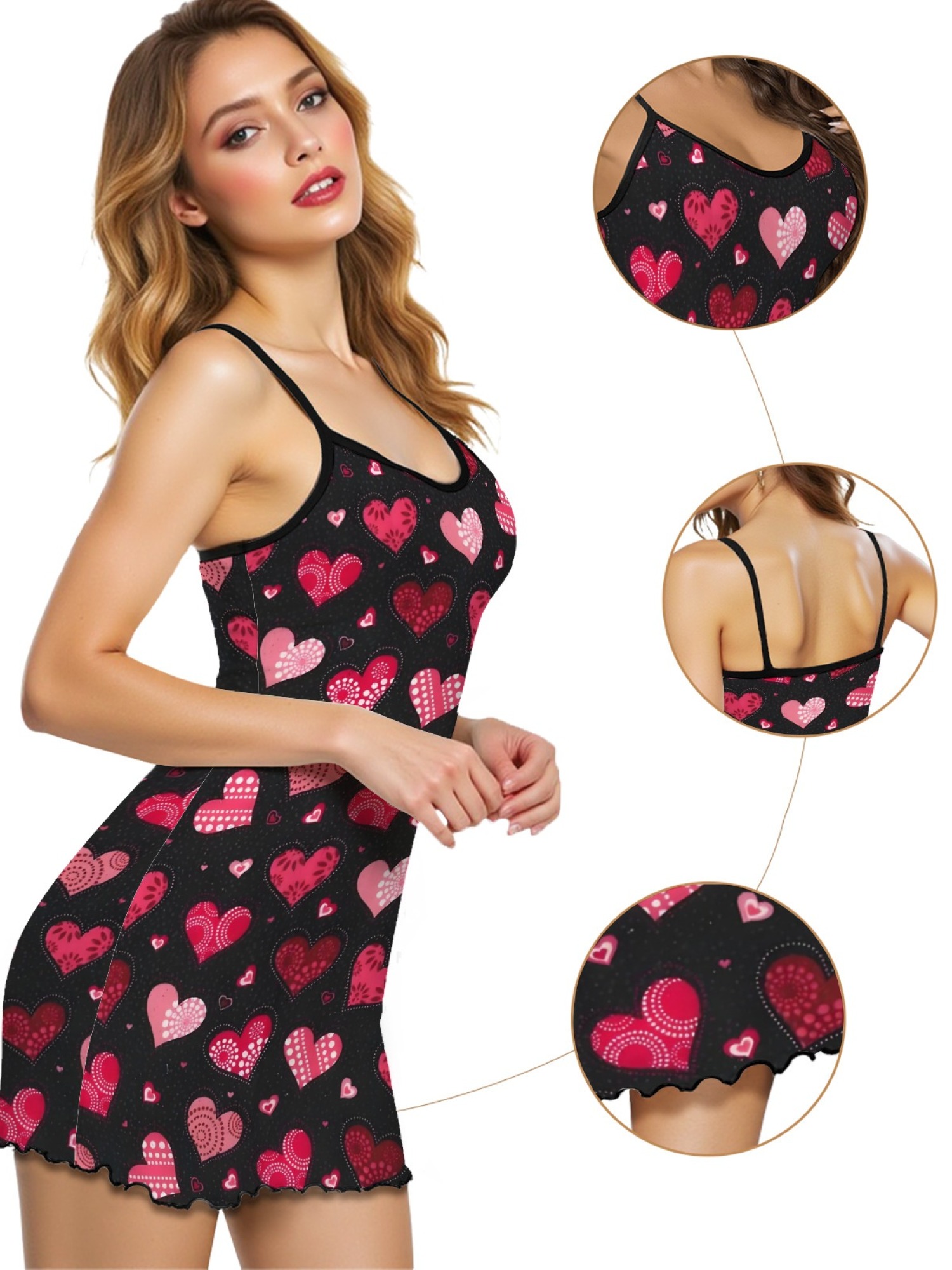 Women Sexy Heart Print Cami Nightgown Summer Lightweight Breathable Sleepwear, Ruffled Sweetheart Design Slim Fit Homewear for Couples