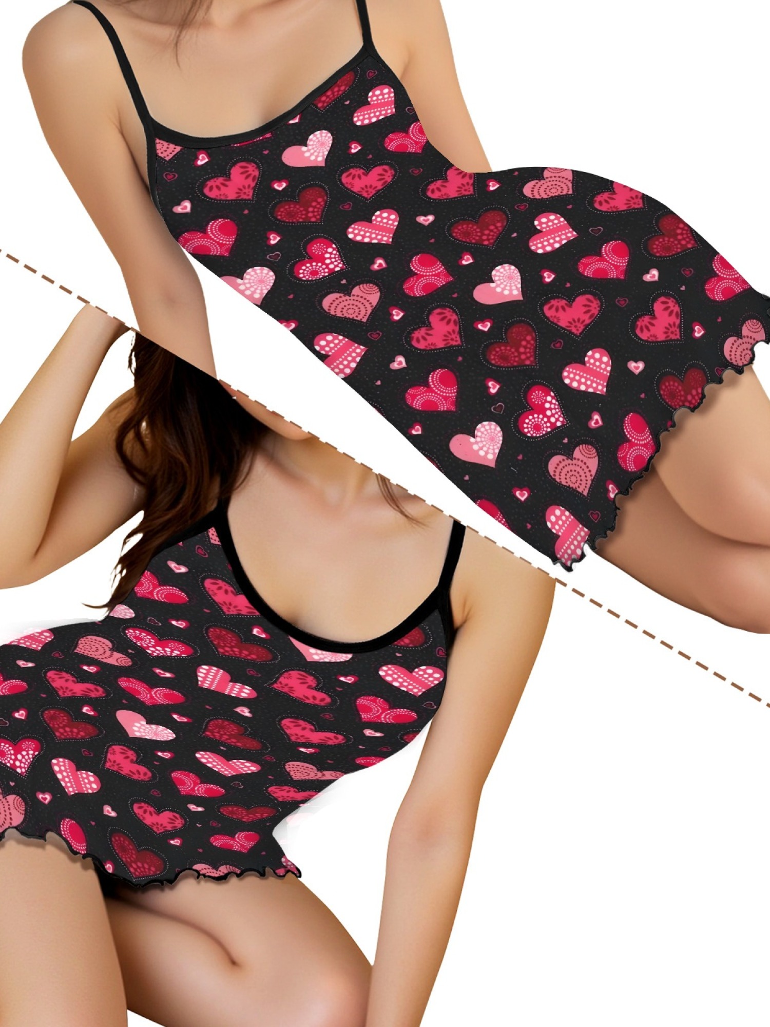Women Sexy Heart Print Cami Nightgown Summer Lightweight Breathable Sleepwear, Ruffled Sweetheart Design Slim Fit Homewear for Couples