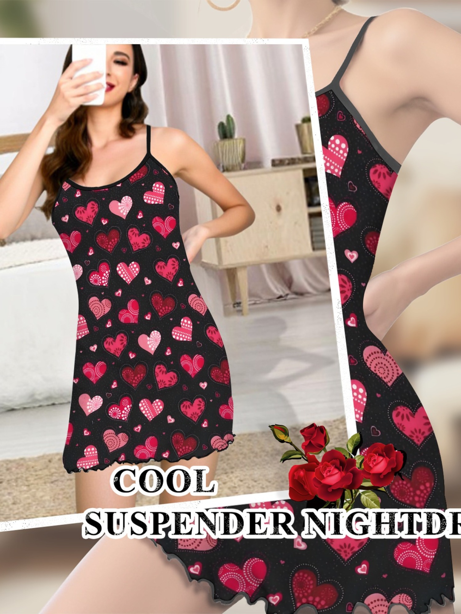Women Sexy Heart Print Cami Nightgown Summer Lightweight Breathable Sleepwear, Ruffled Sweetheart Design Slim Fit Homewear for Couples