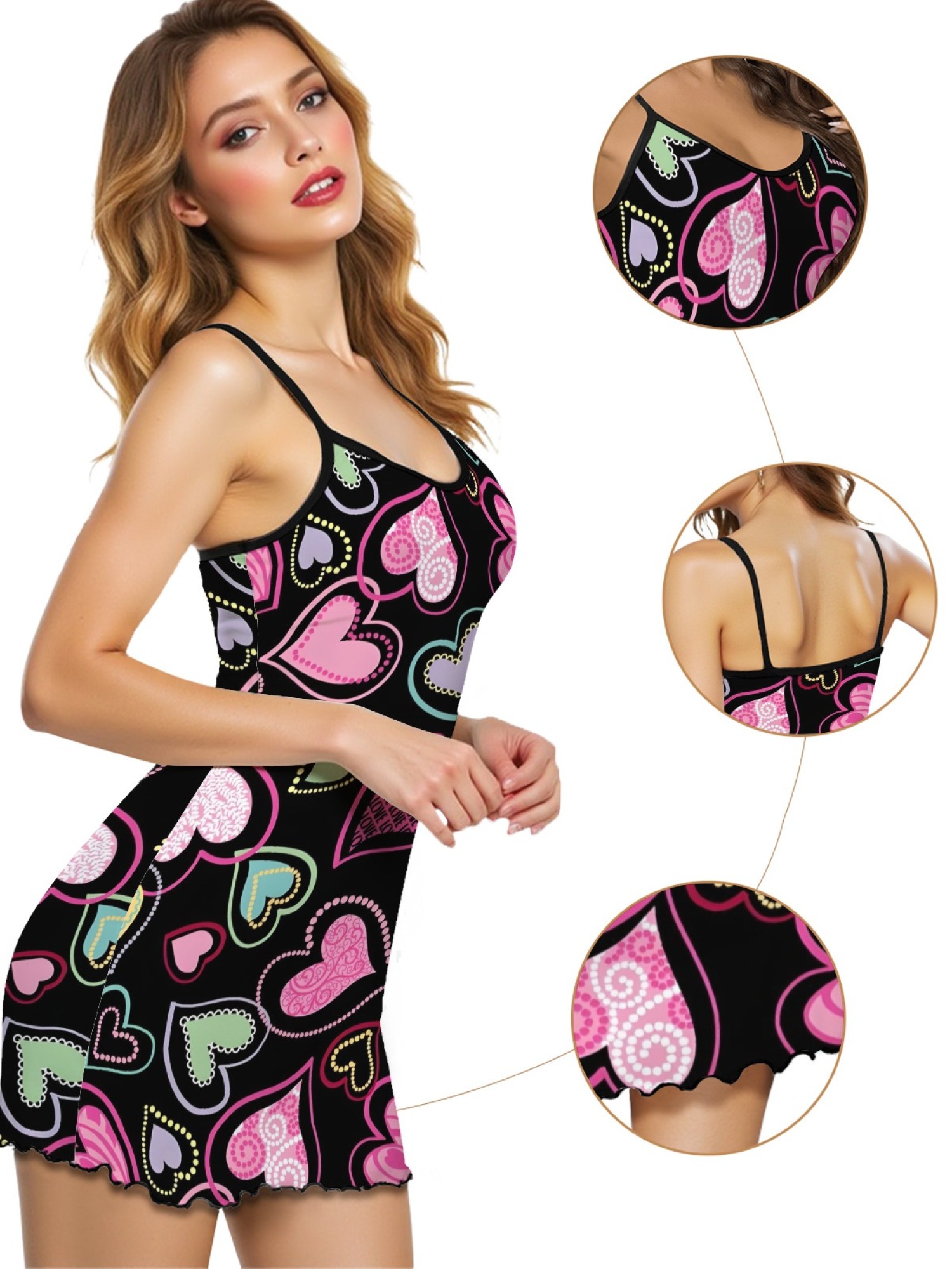 Women Sexy Heart Print Cami Nightgown Summer Lightweight Breathable Sleepwear, Ruffled Sweetheart Design Slim Fit Homewear for Couples