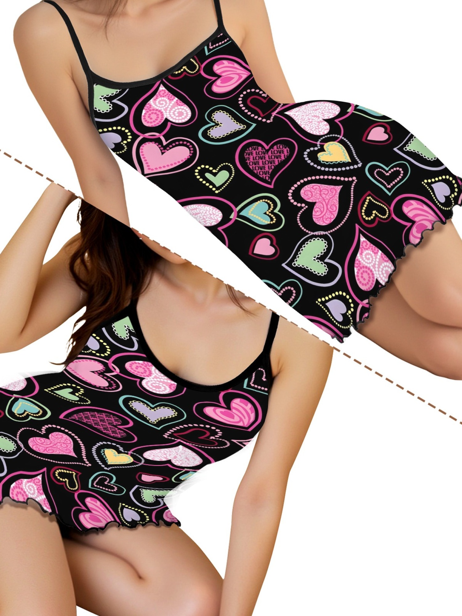 Women Sexy Heart Print Cami Nightgown Summer Lightweight Breathable Sleepwear, Ruffled Sweetheart Design Slim Fit Homewear for Couples