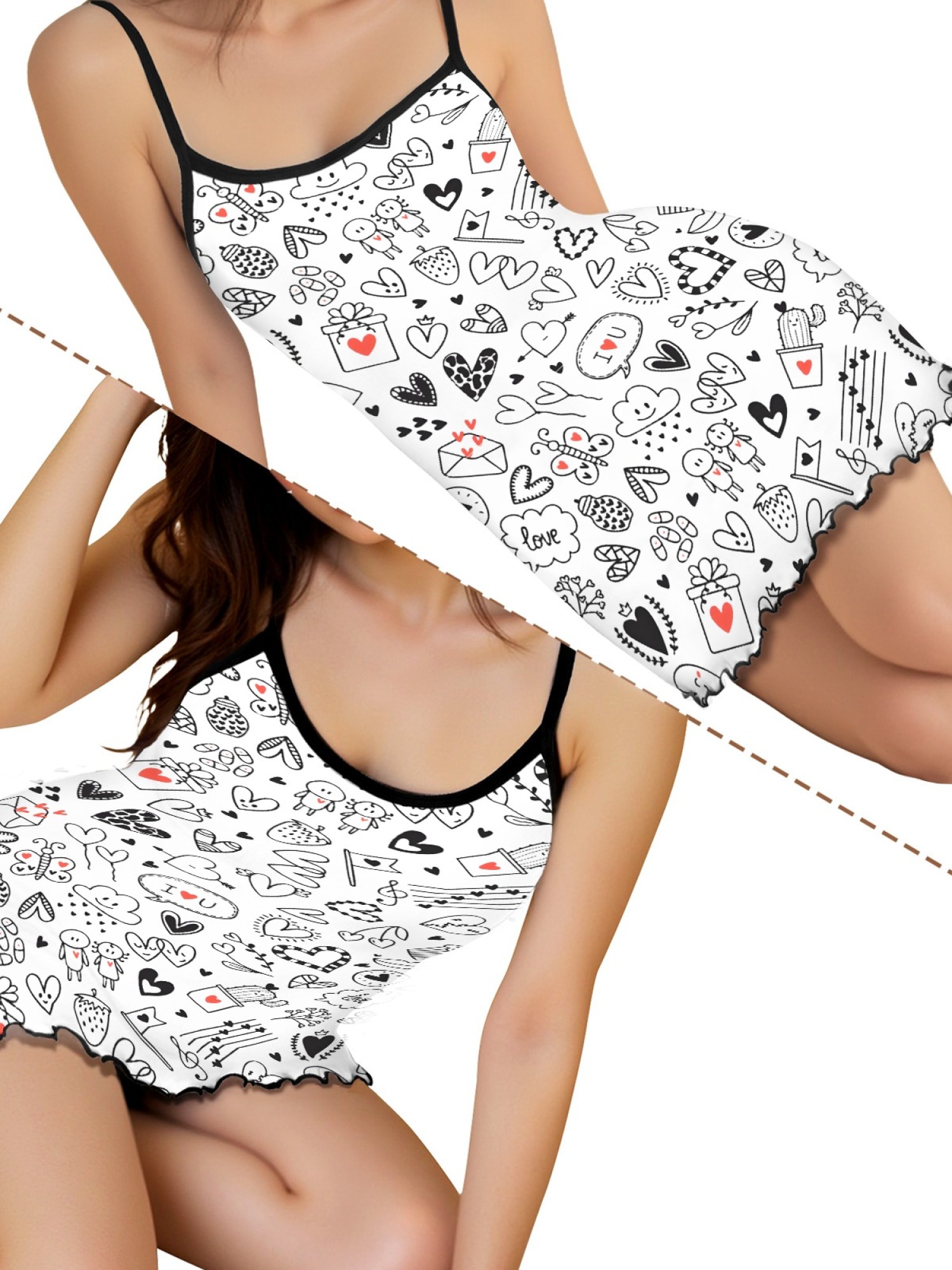 Women Sexy Heart Print Cami Nightgown Summer Lightweight Breathable Sleepwear, Ruffled Sweetheart Design Slim Fit Homewear for Couples