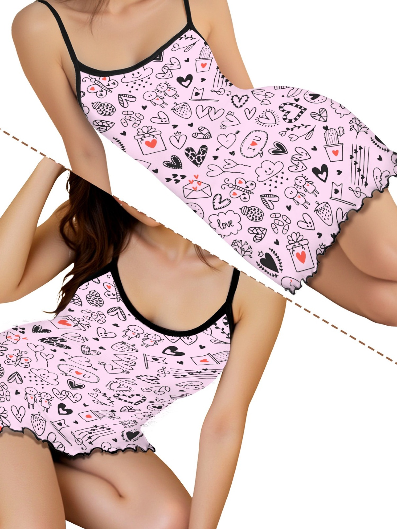 Women Sexy Heart Print Cami Nightgown Summer Lightweight Breathable Sleepwear, Ruffled Sweetheart Design Slim Fit Homewear for Couples