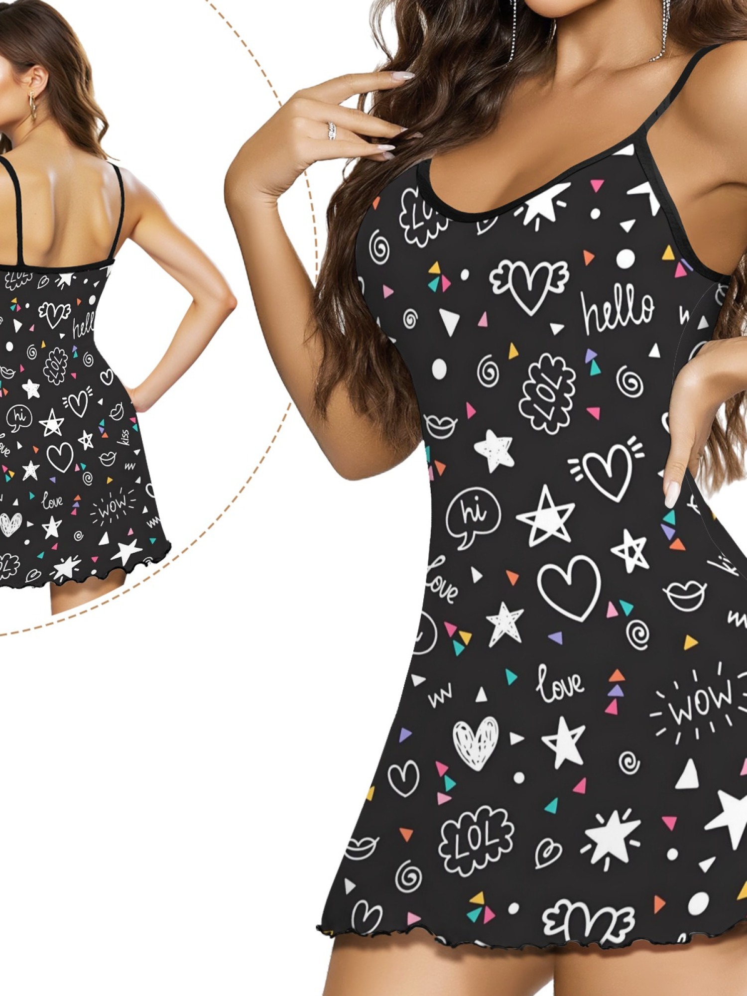 Women Sexy Heart Print Cami Nightgown Summer Lightweight Breathable Sleepwear, Ruffled Sweetheart Design Slim Fit Homewear for Couples