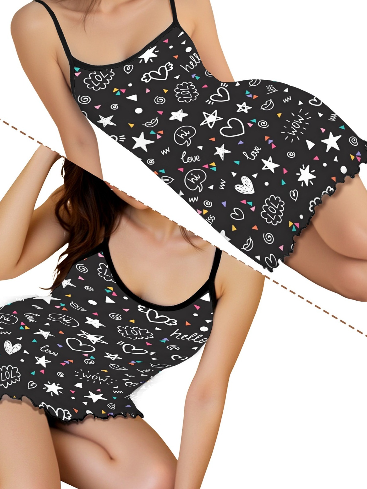 Women Sexy Heart Print Cami Nightgown Summer Lightweight Breathable Sleepwear, Ruffled Sweetheart Design Slim Fit Homewear for Couples